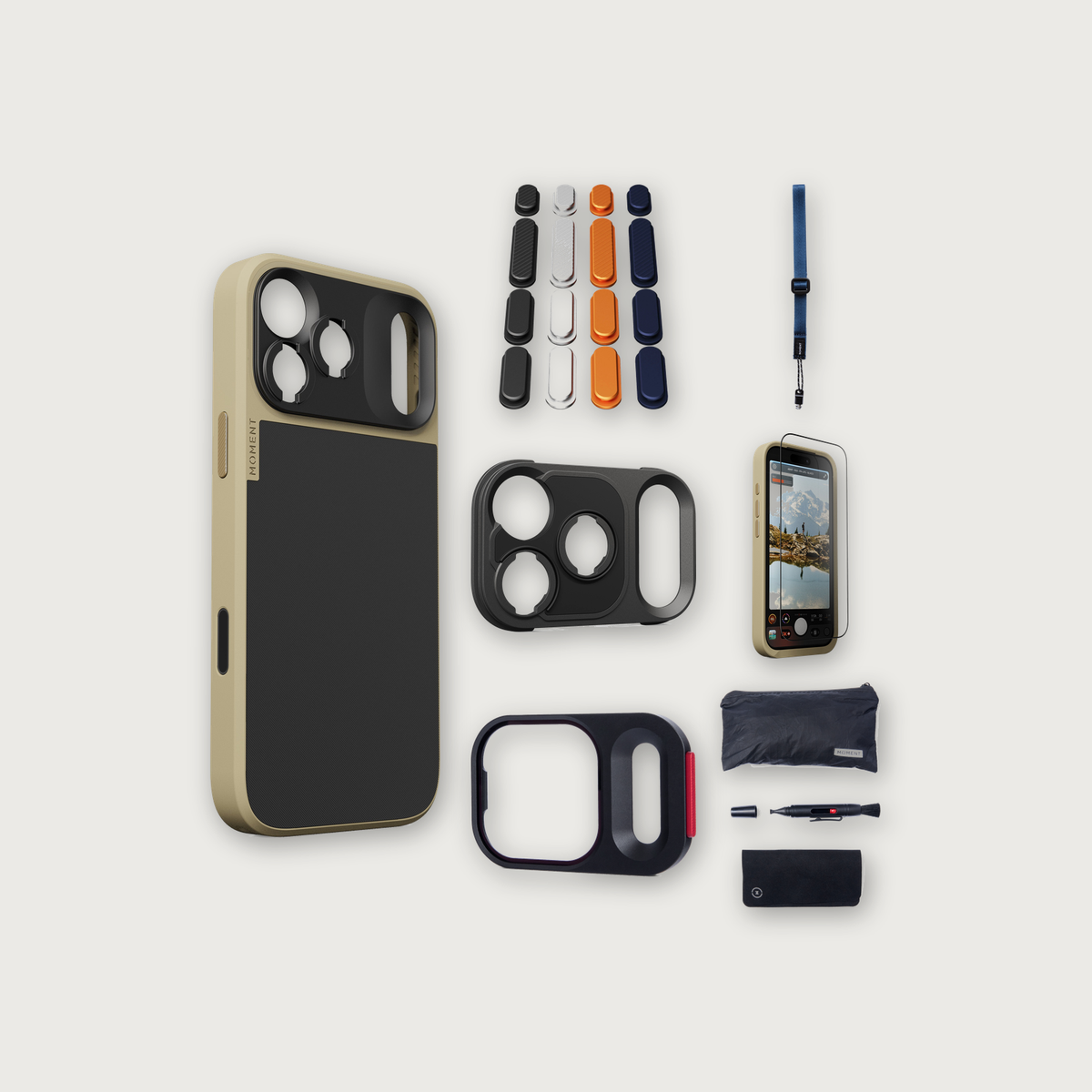 iPhone 17 Pro Max Case Essentials — Desert case, Apple 2025 Pack (Black/Silver/Orange/Navy), Indigo wrist strap (Drop-in 310-323, AR glass 310-327, CineClear UV 310-347, Cleaning kit 150-102)