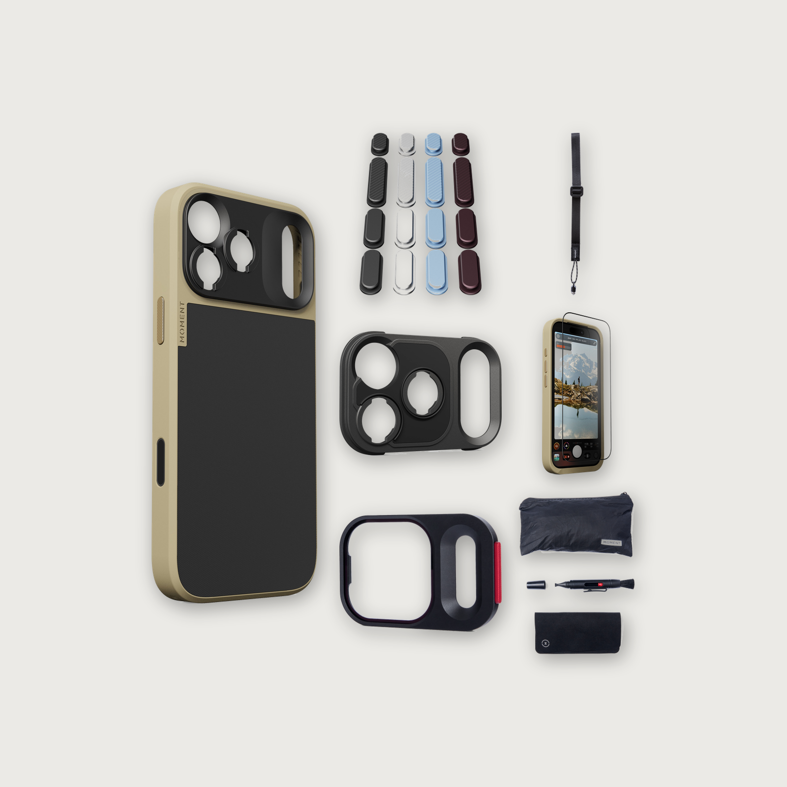 iPhone 17 Pro Max Case Essentials — Desert case, Apple 2026 Pack (Black/Silver/Blue/Purple), Black wrist strap (Drop-in 310-323, AR glass 310-327, CineClear UV 310-347, Cleaning kit 150-102)