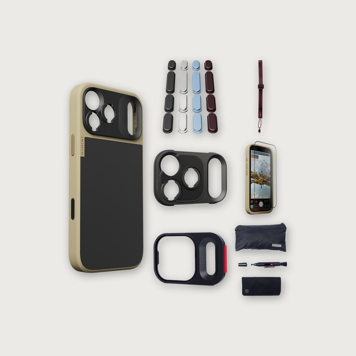 iPhone 17 Pro Max Case Essentials — Desert case, Apple 2026 Pack (Black/Silver/Blue/Purple), Burgundy wrist strap (Drop-in 310-323, AR glass 310-327, CineClear UV 310-347, Cleaning kit 150-102)