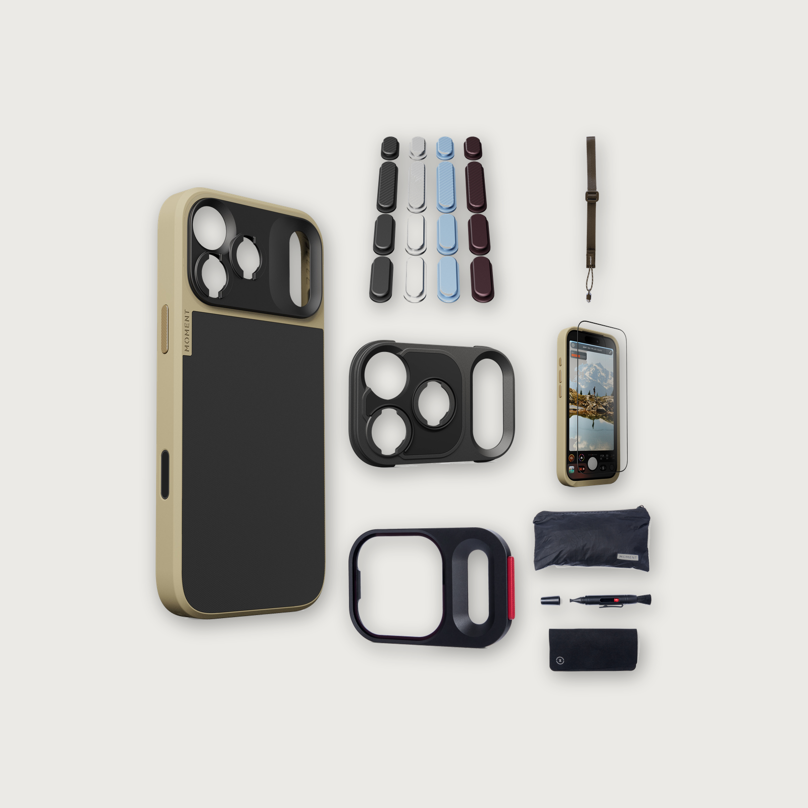 iPhone 17 Pro Max Case Essentials — Desert case, Apple 2026 Pack (Black/Silver/Blue/Purple), Desert wrist strap (Drop-in 310-323, AR glass 310-327, CineClear UV 310-347, Cleaning kit 150-102)