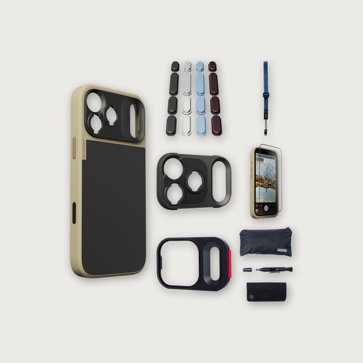 iPhone 17 Pro Max Case Essentials — Desert case, Apple 2026 Pack (Black/Silver/Blue/Purple), Indigo wrist strap (Drop-in 310-323, AR glass 310-327, CineClear UV 310-347, Cleaning kit 150-102)