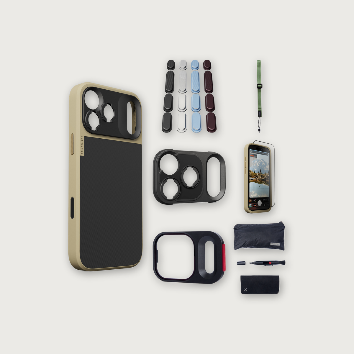 iPhone 17 Pro Max Case Essentials — Desert case, Apple 2026 Pack (Black/Silver/Blue/Purple), Olive wrist strap (Drop-in 310-323, AR glass 310-327, CineClear UV 310-347, Cleaning kit 150-102)