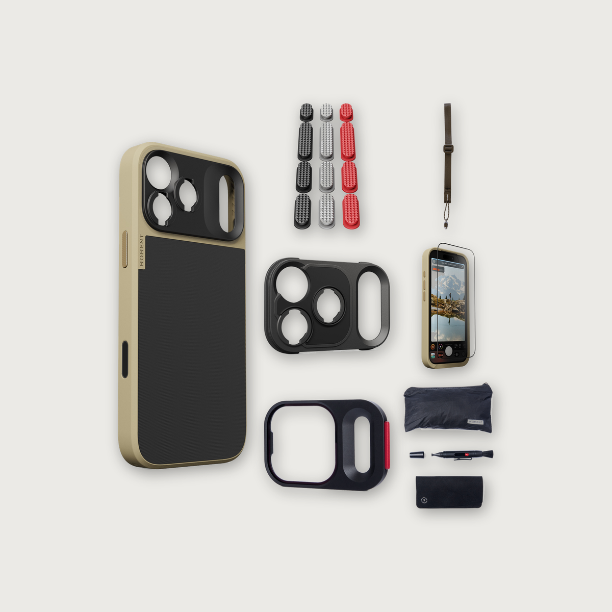 iPhone 17 Pro Max Case Essentials — Desert case, Metal Grip Pack (Black/Silver/Red), Desert wrist strap (Drop-in 310-323, AR glass 310-327, CineClear UV 310-347, Cleaning kit 150-102)