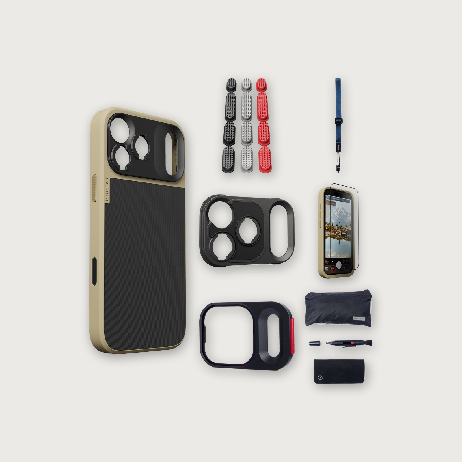 iPhone 17 Pro Max Case Essentials — Desert case, Metal Grip Pack (Black/Silver/Red), Indigo wrist strap (Drop-in 310-323, AR glass 310-327, CineClear UV 310-347, Cleaning kit 150-102)