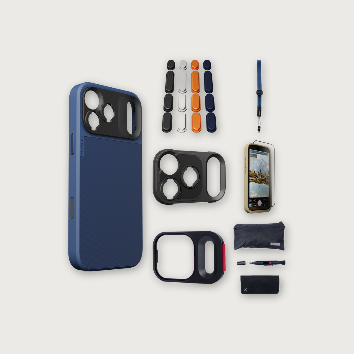 iPhone 17 Pro Max Case Essentials — Indigo case, Apple 2025 Pack (Black/Silver/Orange/Navy), Indigo wrist strap (Drop-in 310-323, AR glass 310-327, CineClear UV 310-347, Cleaning kit 150-102)