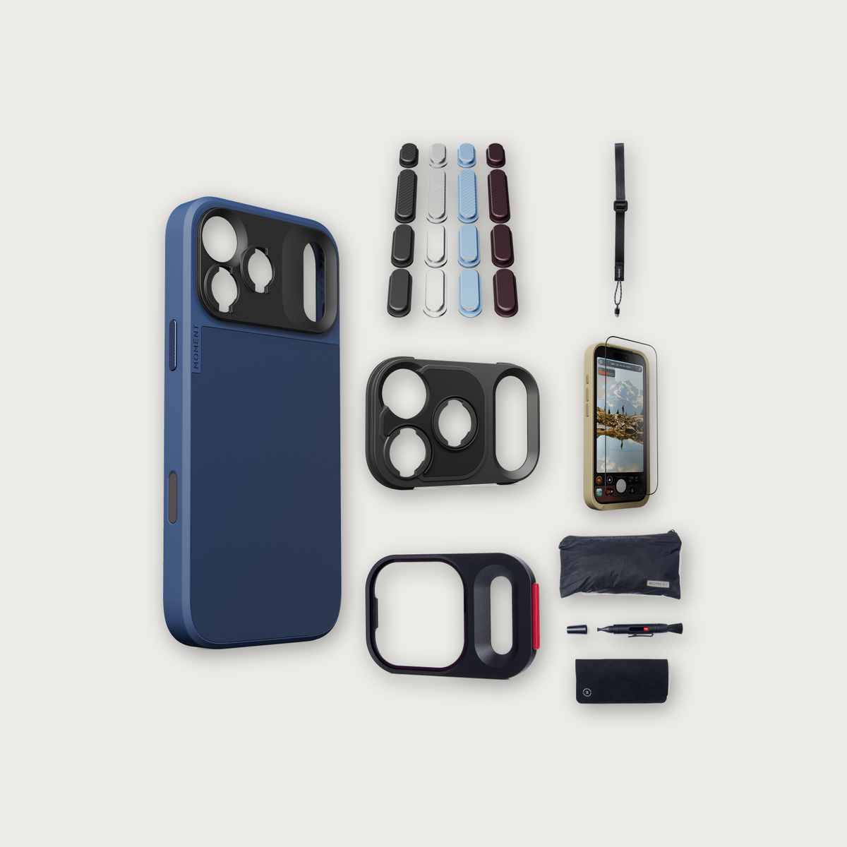 iPhone 17 Pro Max Case Essentials — Indigo case, Apple 2026 Pack (Black/Silver/Blue/Purple), Black wrist strap (Drop-in 310-323, AR glass 310-327, CineClear UV 310-347, Cleaning kit 150-102)