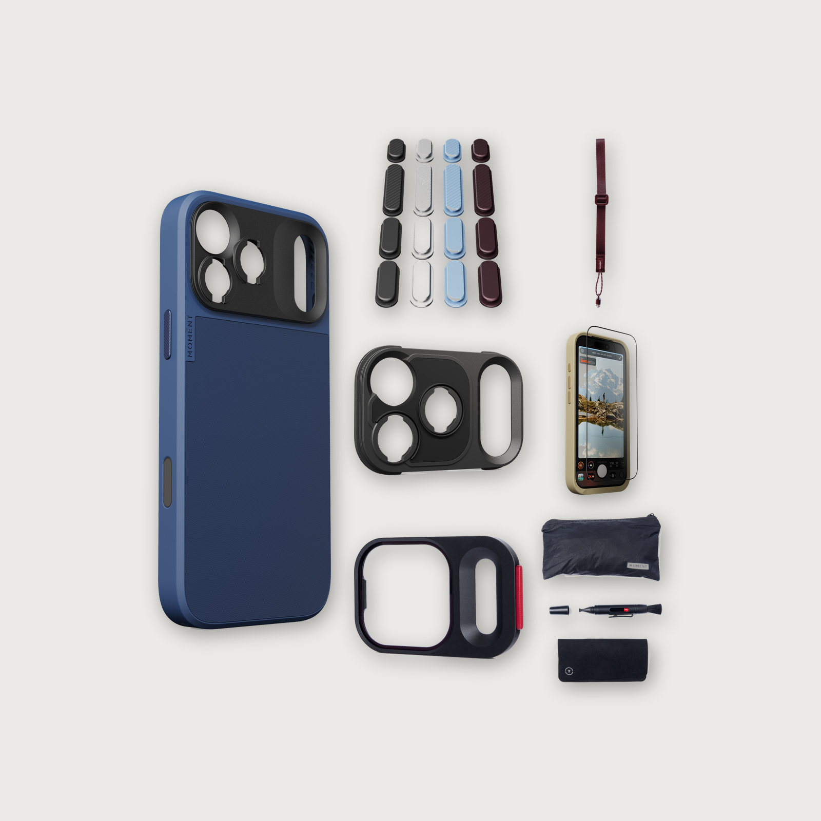 iPhone 17 Pro Max Case Essentials — Indigo case, Apple 2026 Pack (Black/Silver/Blue/Purple), Burgundy wrist strap (Drop-in 310-323, AR glass 310-327, CineClear UV 310-347, Cleaning kit 150-102)