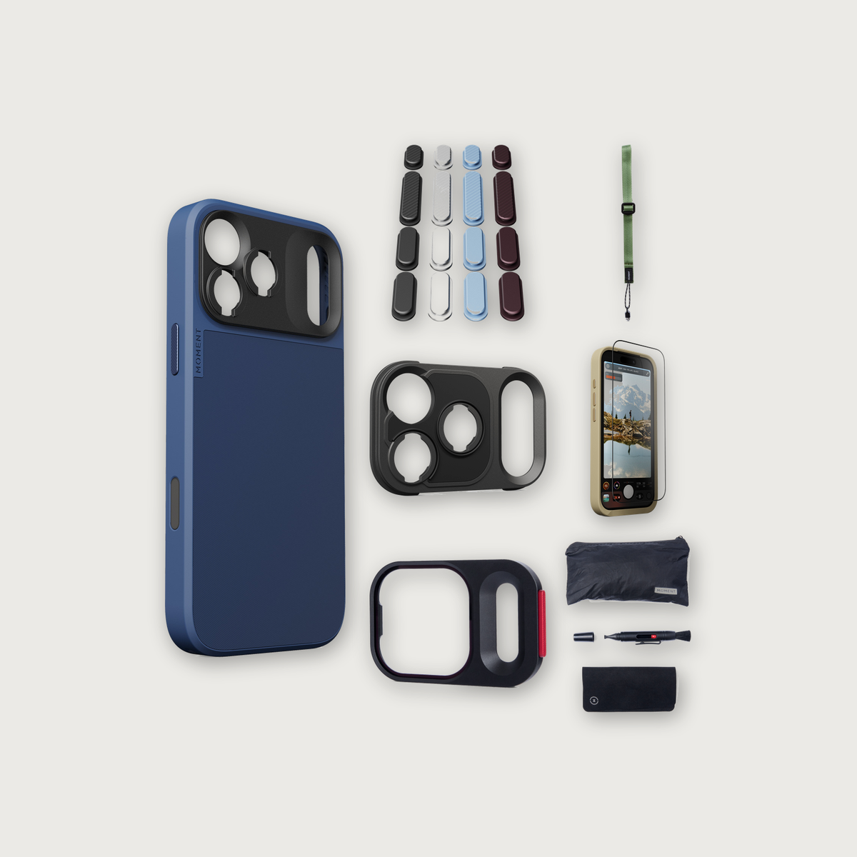 iPhone 17 Pro Max Case Essentials — Indigo case, Apple 2026 Pack (Black/Silver/Blue/Purple), Olive wrist strap (Drop-in 310-323, AR glass 310-327, CineClear UV 310-347, Cleaning kit 150-102)