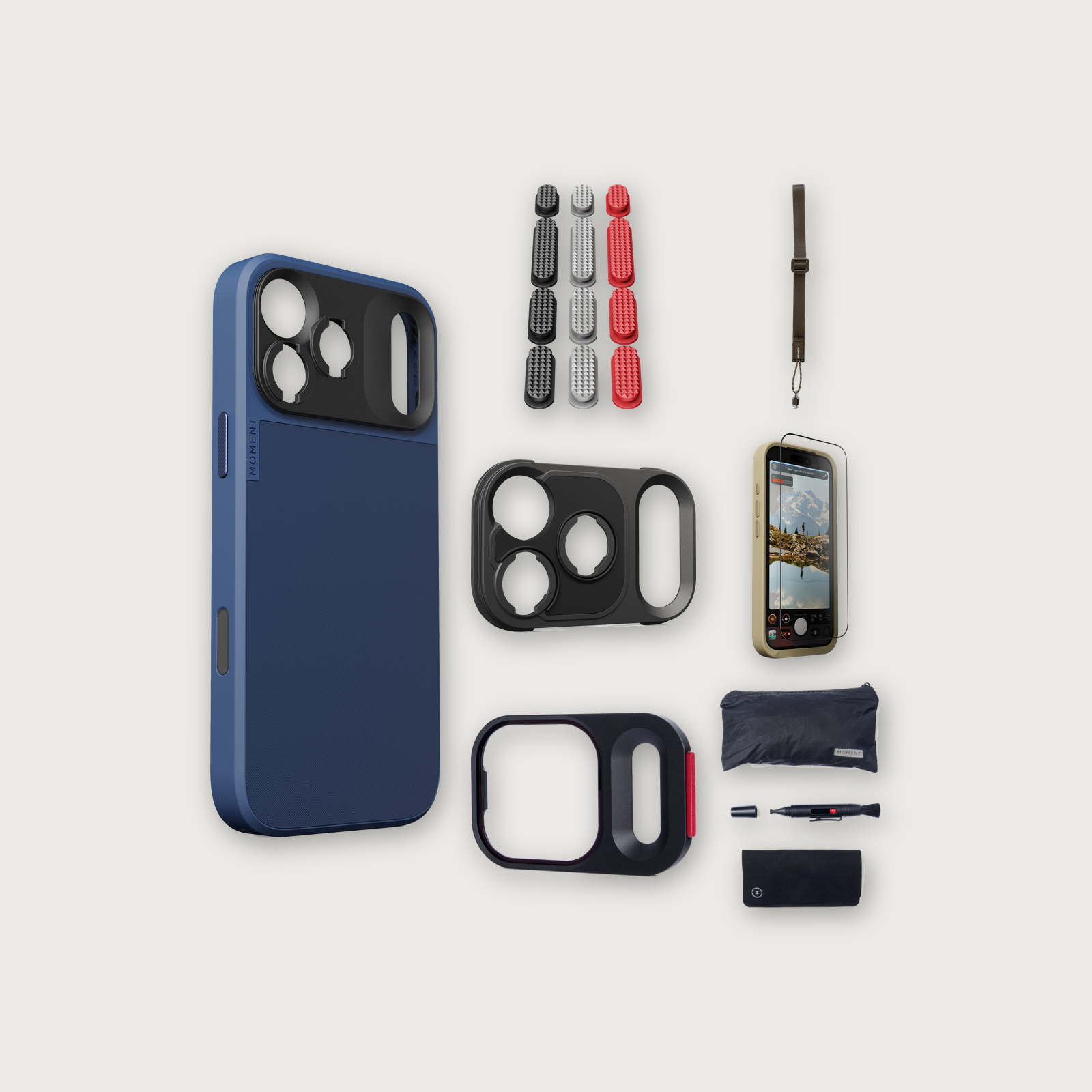 iPhone 17 Pro Max Case Essentials — Indigo case, Metal Grip Pack (Black/Silver/Red), Desert wrist strap (Drop-in 310-323, AR glass 310-327, CineClear UV 310-347, Cleaning kit 150-102)