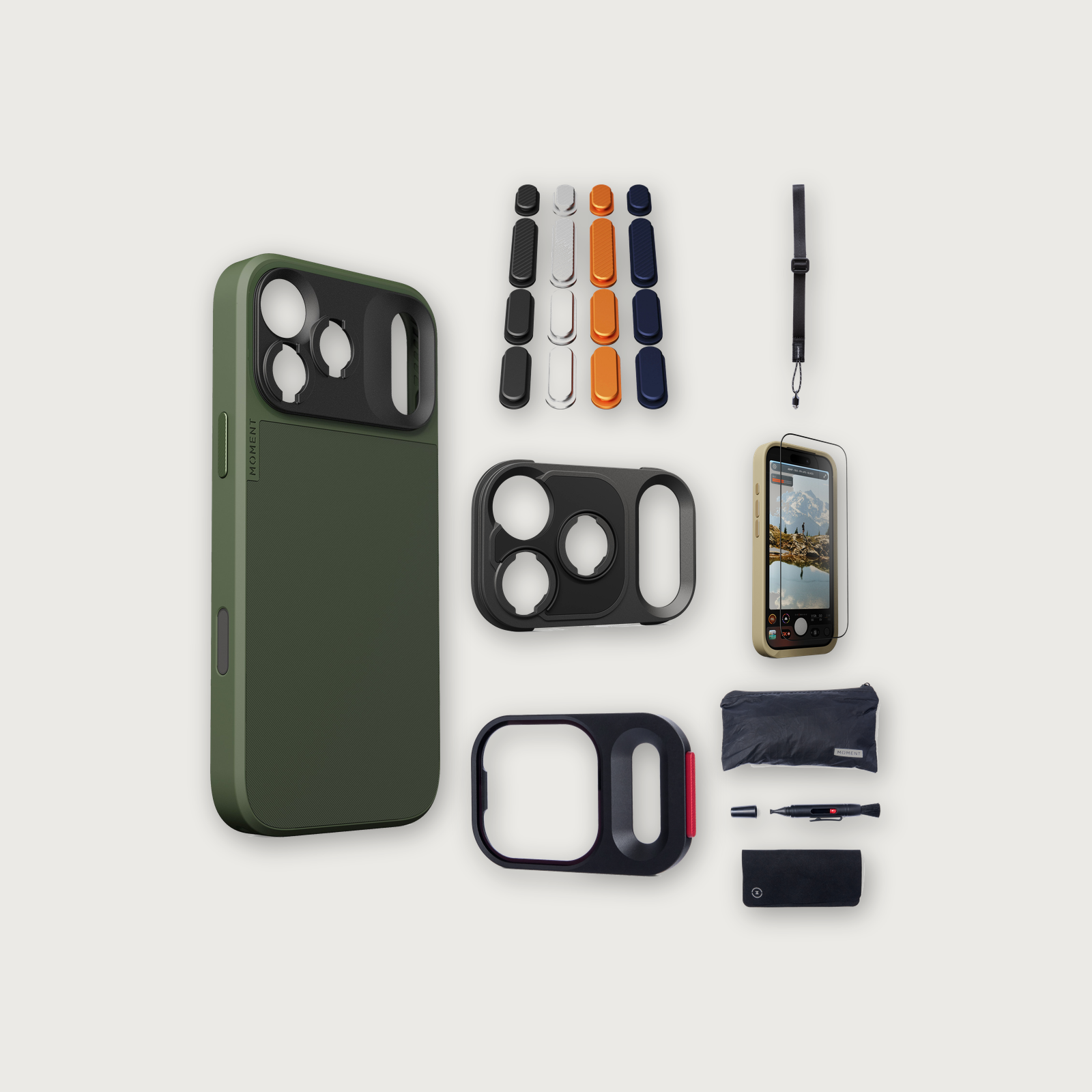 iPhone 17 Pro Max Case Essentials — Olive case, Apple 2025 Pack (Black/Silver/Orange/Navy), Black wrist strap (Drop-in 310-323, AR glass 310-327, CineClear UV 310-347, Cleaning kit 150-102)