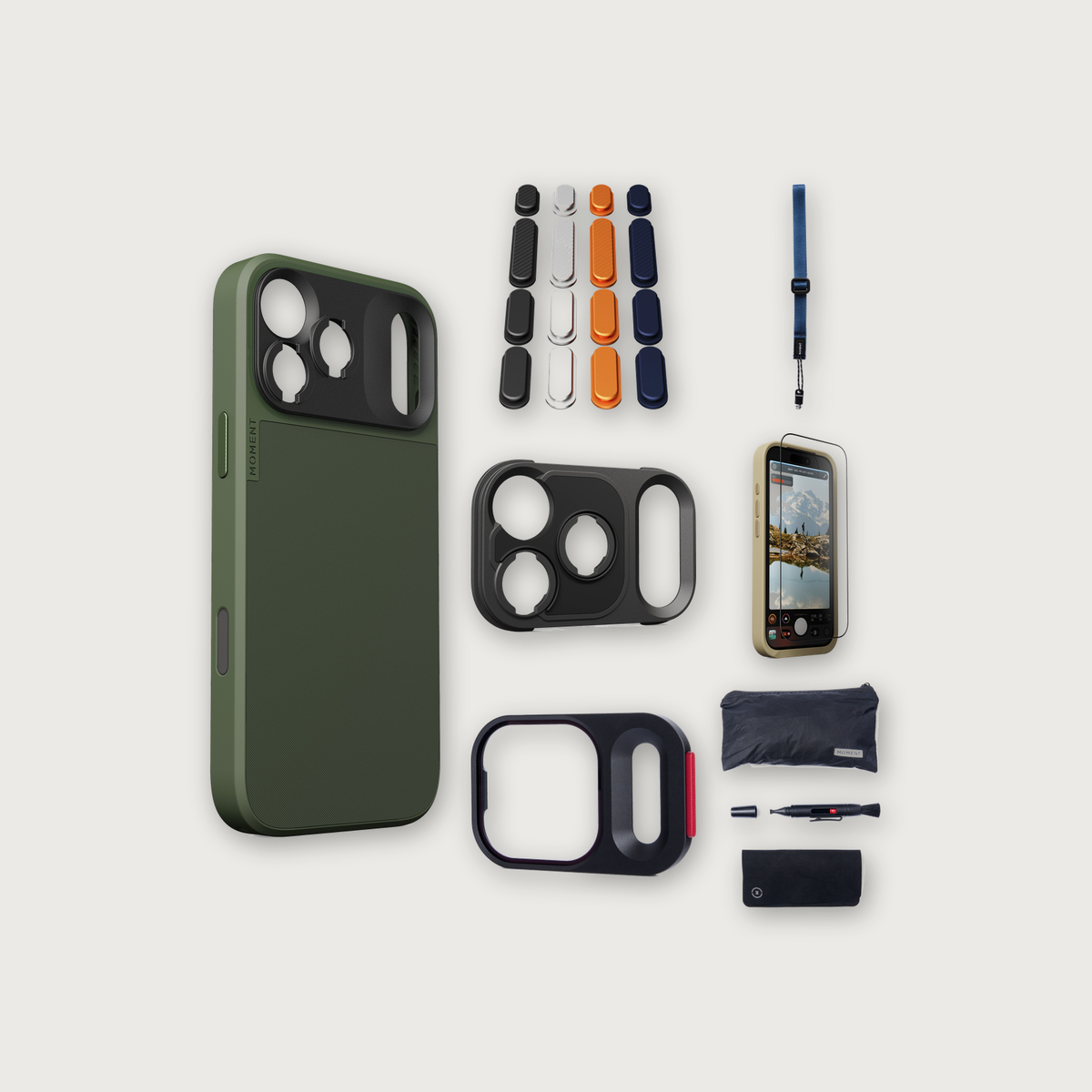 iPhone 17 Pro Max Case Essentials — Olive case, Apple 2025 Pack (Black/Silver/Orange/Navy), Indigo wrist strap (Drop-in 310-323, AR glass 310-327, CineClear UV 310-347, Cleaning kit 150-102)