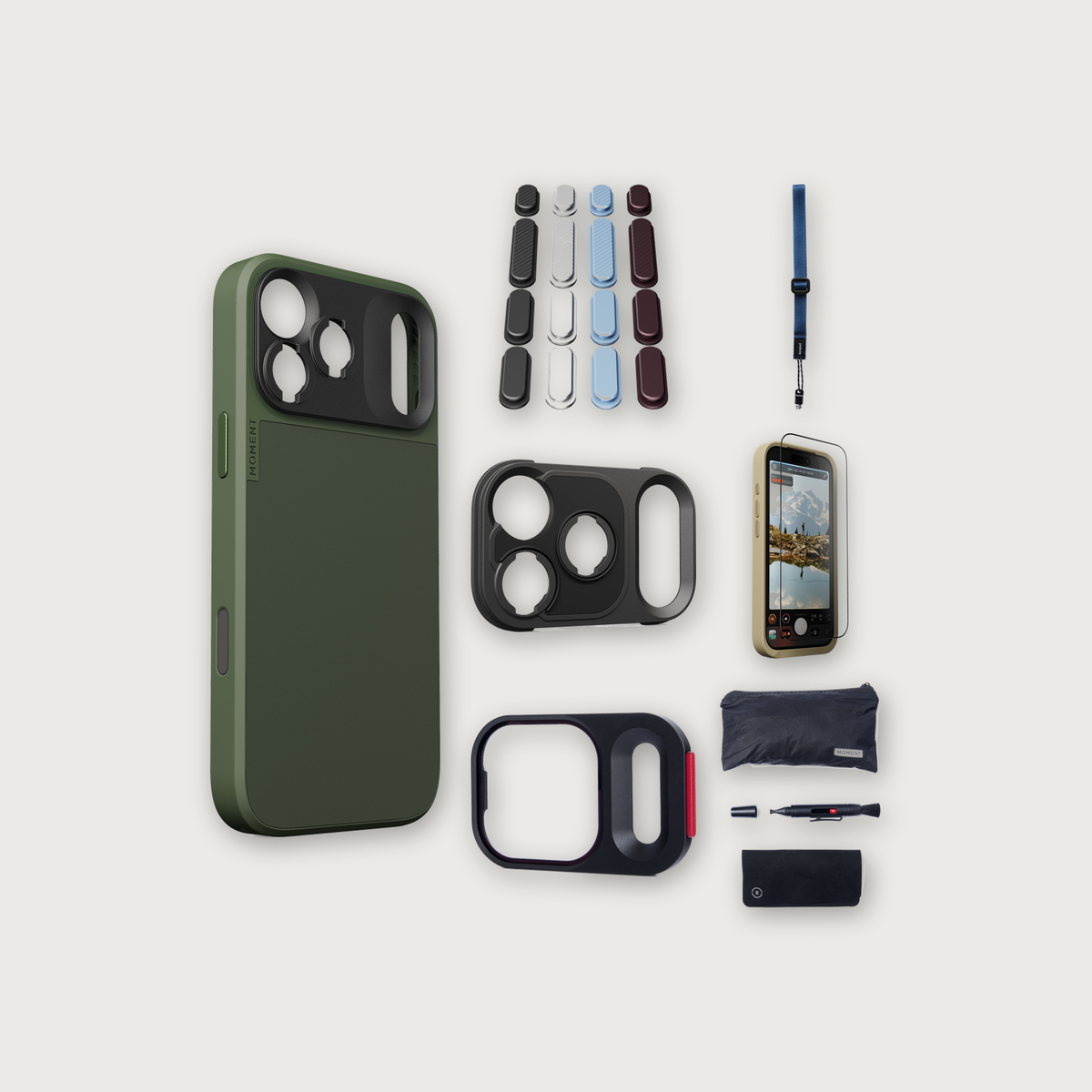 iPhone 17 Pro Max Case Essentials — Olive case, Apple 2026 Pack (Black/Silver/Blue/Purple), Indigo wrist strap (Drop-in 310-323, AR glass 310-327, CineClear UV 310-347, Cleaning kit 150-102)