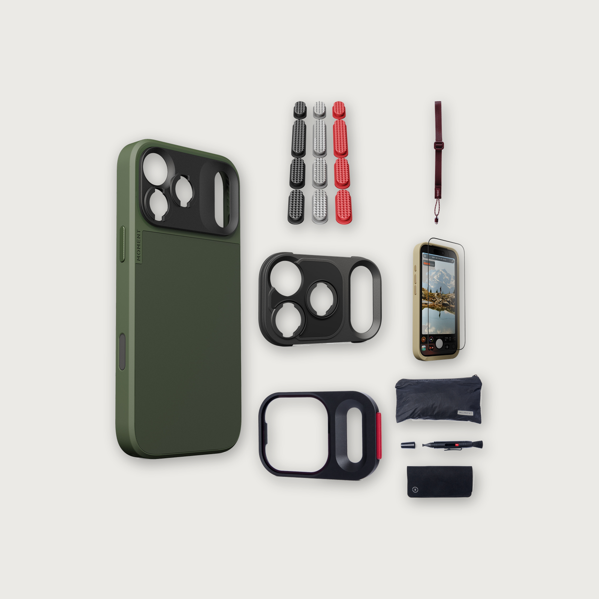 iPhone 17 Pro Max Case Essentials — Olive case, Metal Grip Pack (Black/Silver/Red), Burgundy wrist strap (Drop-in 310-323, AR glass 310-327, CineClear UV 310-347, Cleaning kit 150-102)