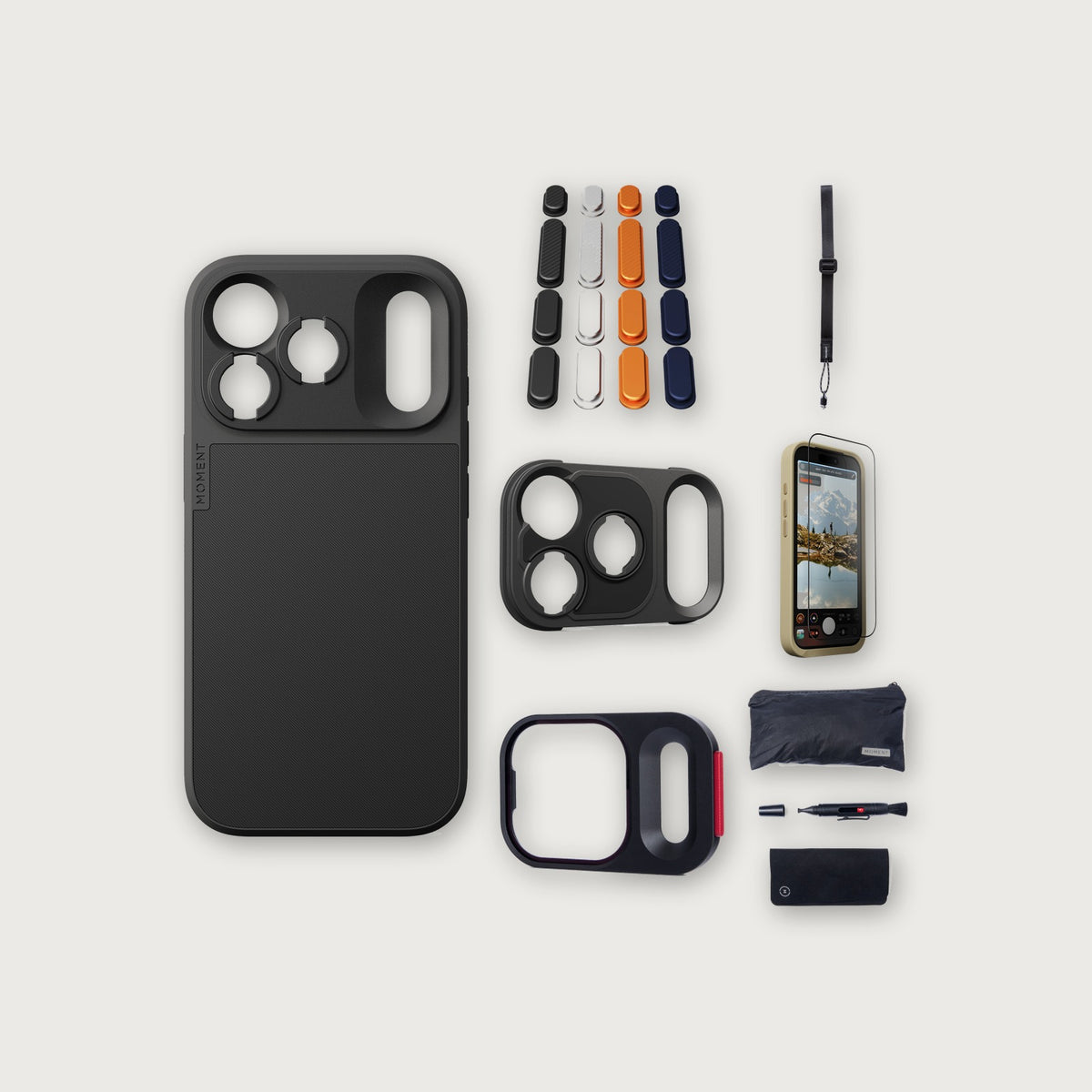 iPhone 18 Pro Case Essentials — Black case, Apple 2025 Pack, Black wrist strap (Drop-in 310-384, AR glass 310-328, CineClear UV 310-404, Cleaning kit 150-102)