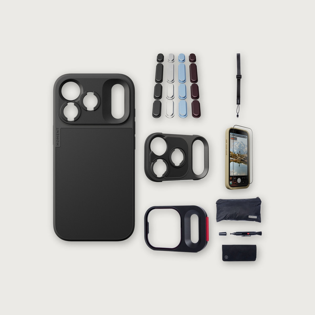 iPhone 18 Pro Case Essentials — Black case, Apple 2026 Pack, Black wrist strap (Drop-in 310-384, AR glass 310-328, CineClear UV 310-404, Cleaning kit 150-102)