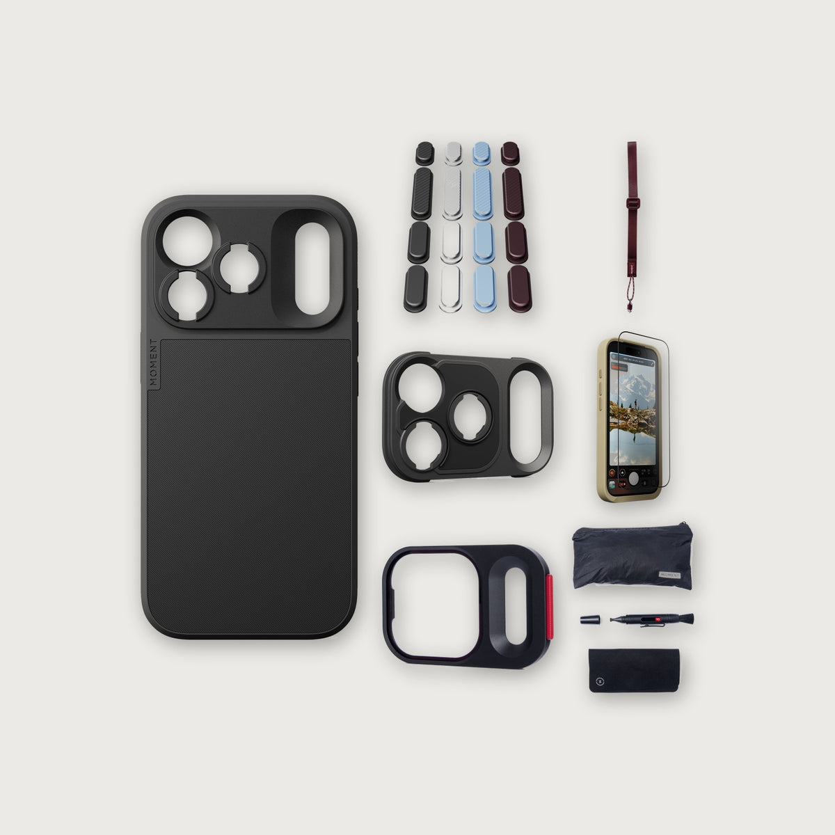 iPhone 18 Pro Case Essentials — Black case, Apple 2026 Pack, Burgundy wrist strap (Drop-in 310-384, AR glass 310-328, CineClear UV 310-404, Cleaning kit 150-102)