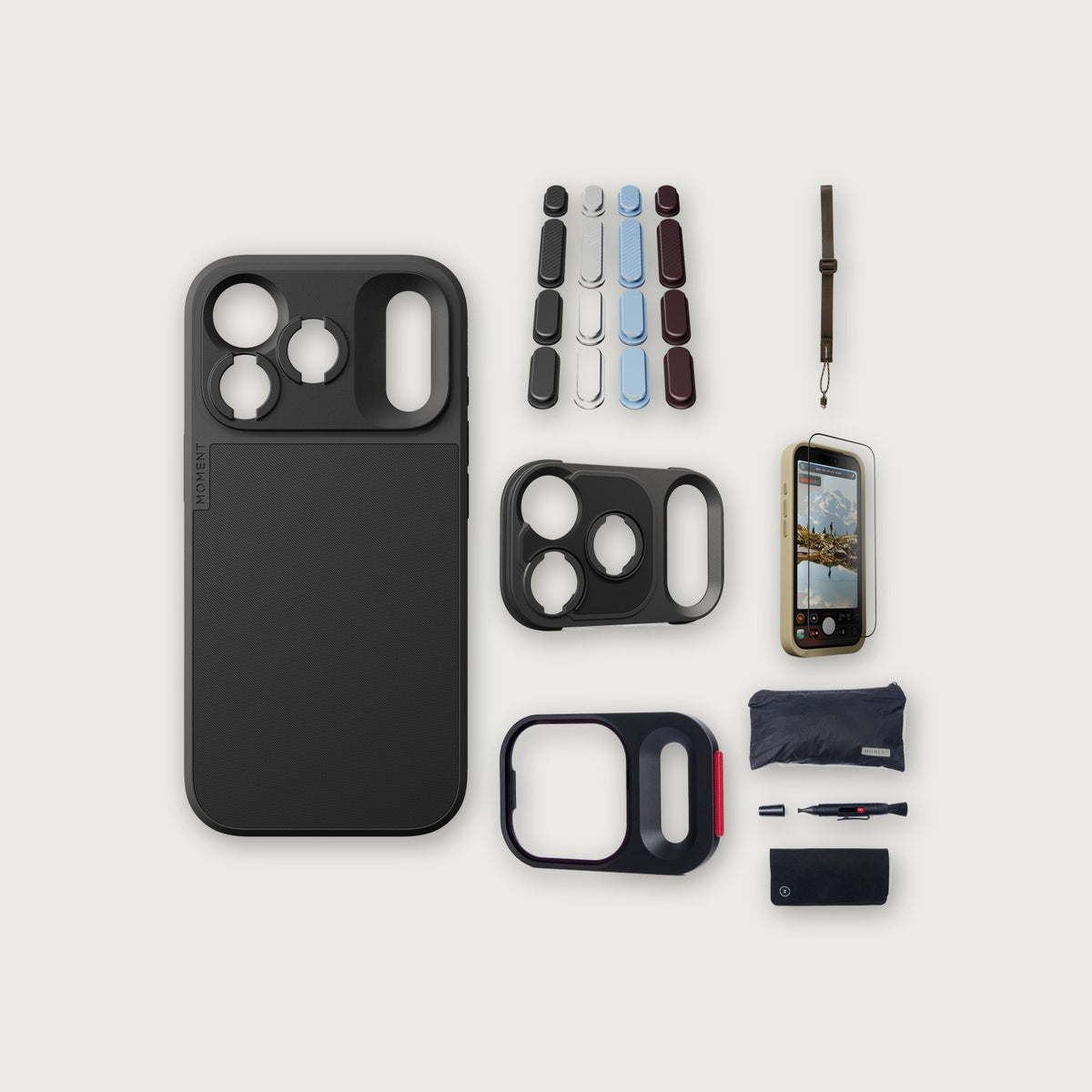 iPhone 18 Pro Case Essentials — Black case, Apple 2026 Pack, Desert wrist strap (Drop-in 310-384, AR glass 310-328, CineClear UV 310-404, Cleaning kit 150-102)
