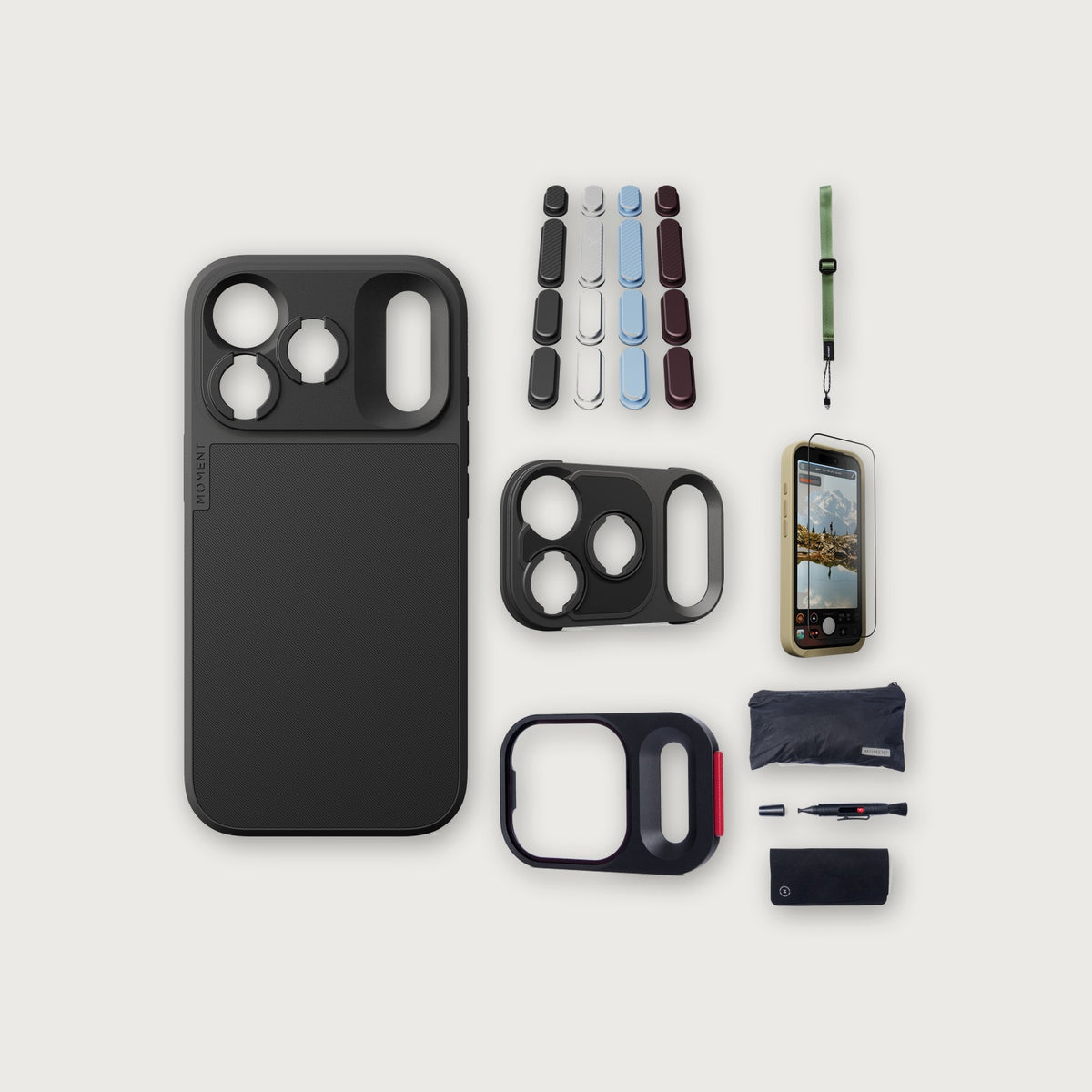 iPhone 18 Pro Case Essentials — Black case, Apple 2026 Pack, Olive wrist strap (Drop-in 310-384, AR glass 310-328, CineClear UV 310-404, Cleaning kit 150-102)