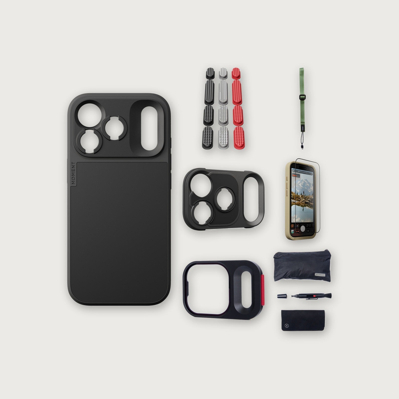 iPhone 18 Pro Case Essentials — Black case, Metal Grip Pack, Olive wrist strap (Drop-in 310-384, AR glass 310-328, CineClear UV 310-404, Cleaning kit 150-102)