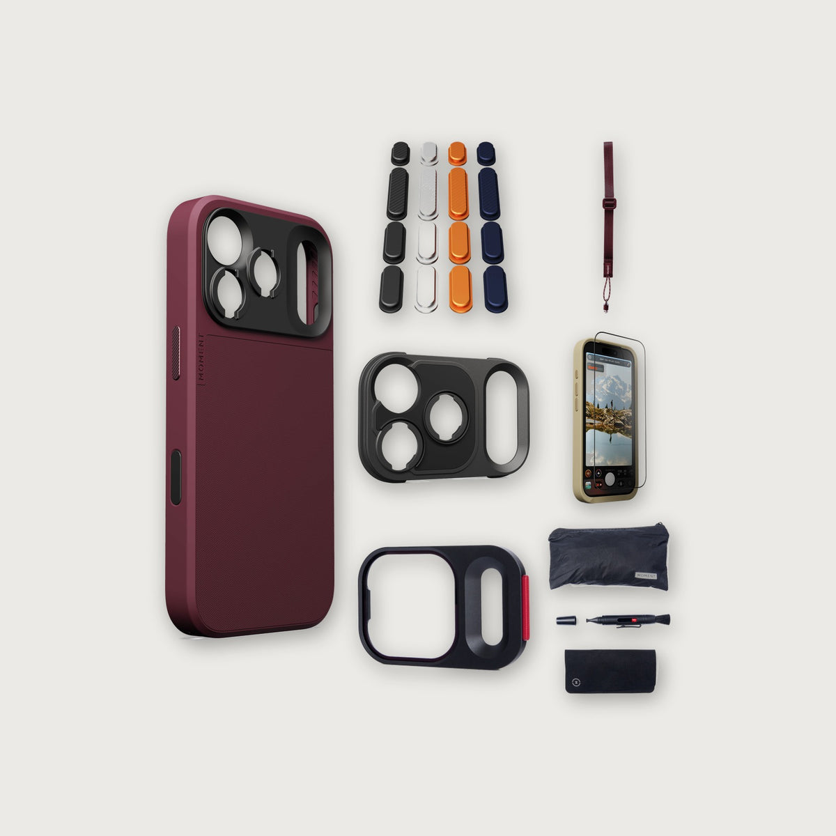 iPhone 18 Pro Case Essentials — Burgundy case, Apple 2025 Pack, Burgundy wrist strap (Drop-in 310-384, AR glass 310-328, CineClear UV 310-404, Cleaning kit 150-102)