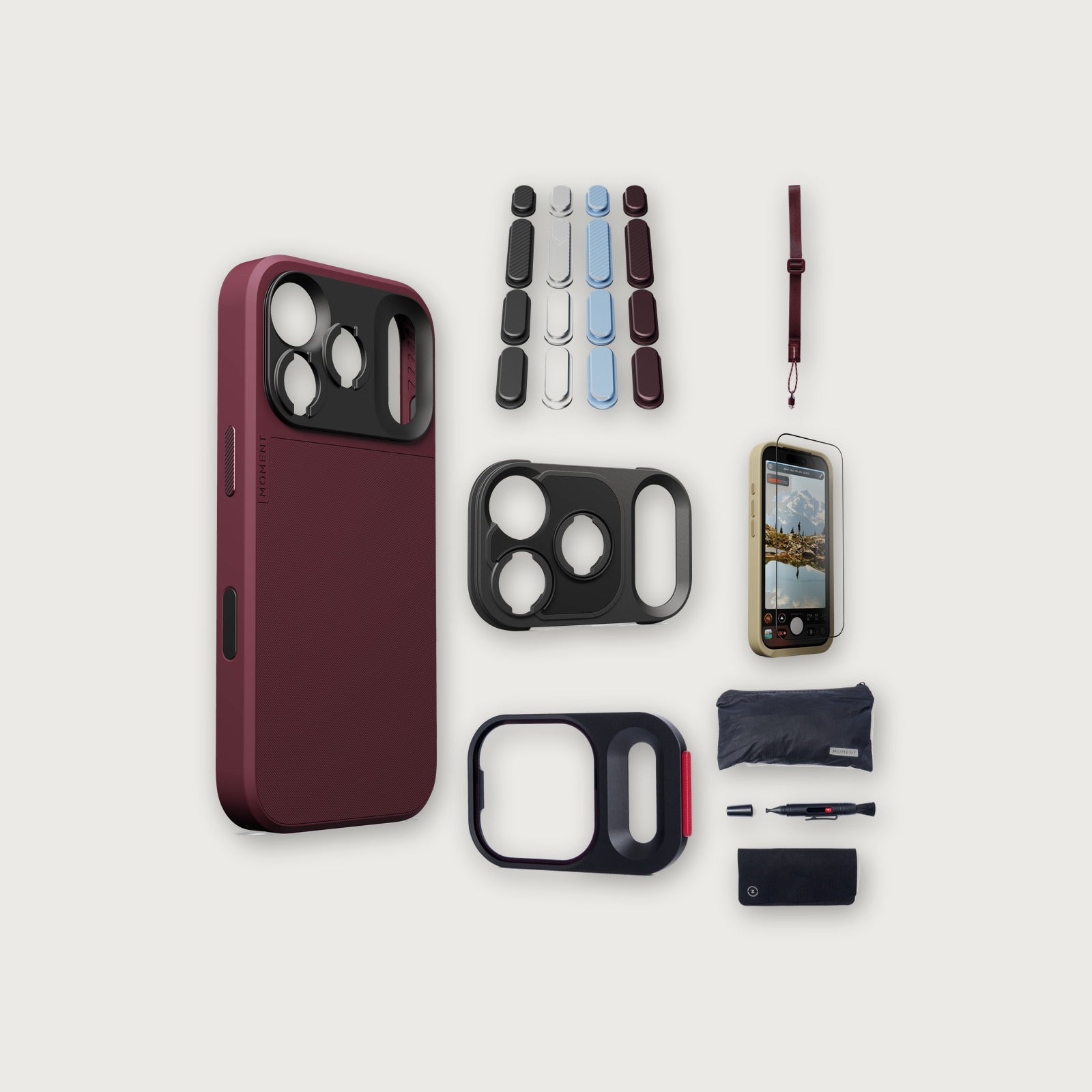 iPhone 18 Pro Case Essentials — Burgundy case, Apple 2026 Pack, Burgundy wrist strap (Drop-in 310-384, AR glass 310-328, CineClear UV 310-404, Cleaning kit 150-102)