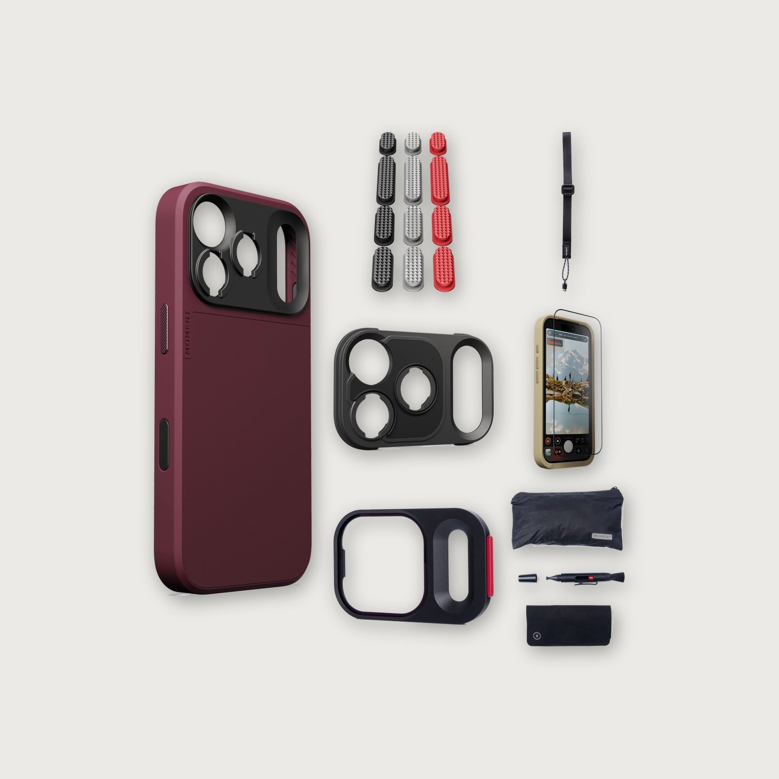 iPhone 18 Pro Case Essentials — Burgundy case, Metal Grip Pack, Black wrist strap (Drop-in 310-384, AR glass 310-328, CineClear UV 310-404, Cleaning kit 150-102)