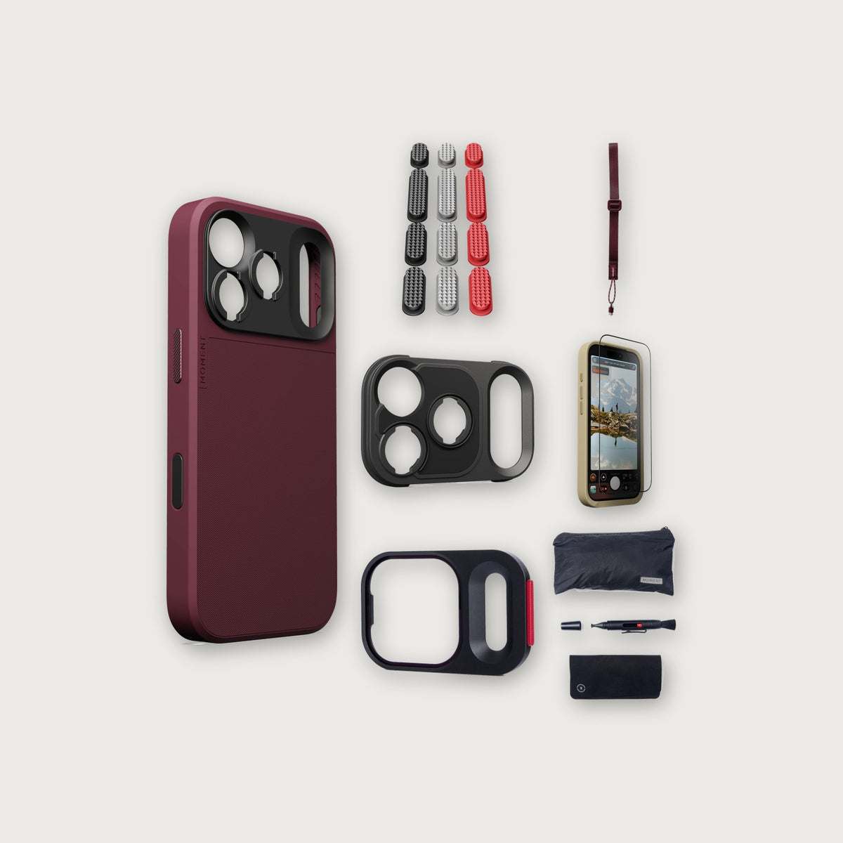iPhone 18 Pro Case Essentials — Burgundy case, Metal Grip Pack, Burgundy wrist strap (Drop-in 310-384, AR glass 310-328, CineClear UV 310-404, Cleaning kit 150-102)