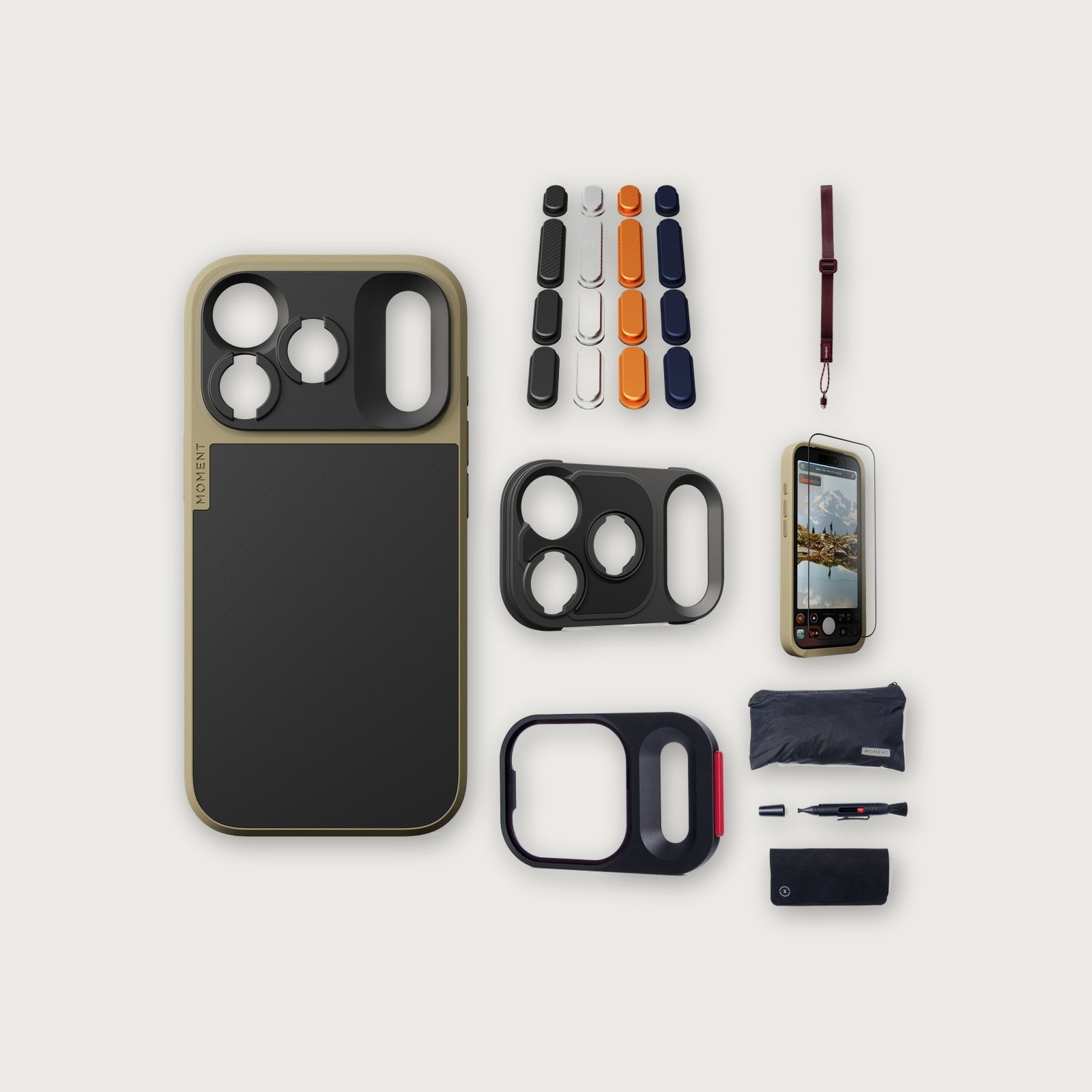 iPhone 18 Pro Case Essentials — Desert case, Apple 2025 Pack, Burgundy wrist strap (Drop-in 310-384, AR glass 310-328, CineClear UV 310-404, Cleaning kit 150-102)