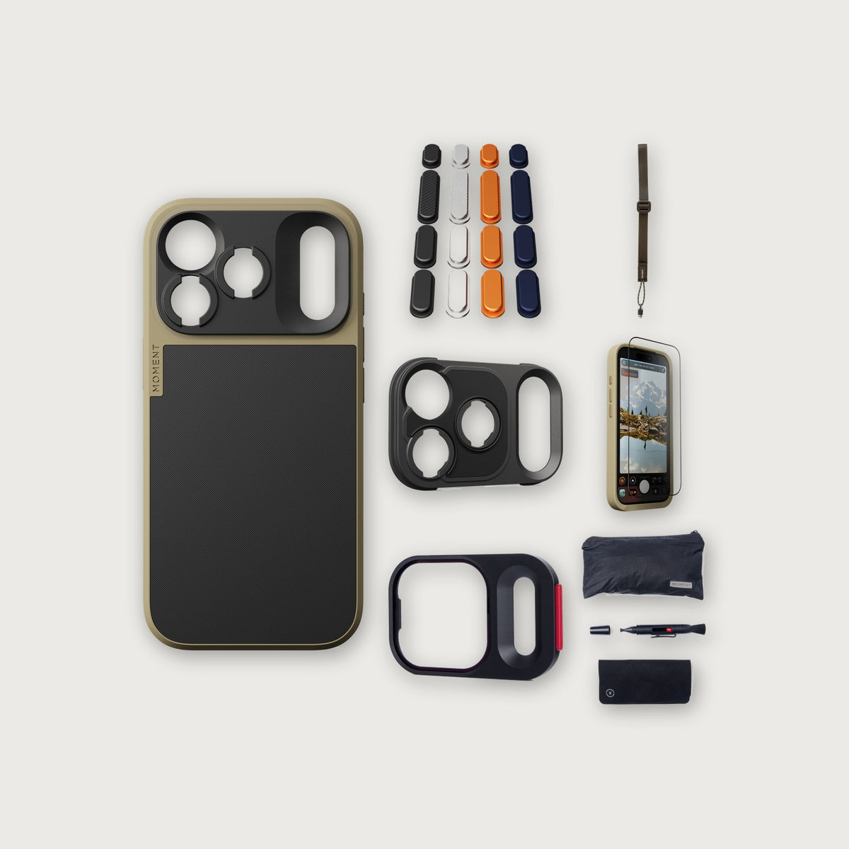 iPhone 18 Pro Case Essentials — Desert case, Apple 2025 Pack, Desert wrist strap (Drop-in 310-384, AR glass 310-328, CineClear UV 310-404, Cleaning kit 150-102)