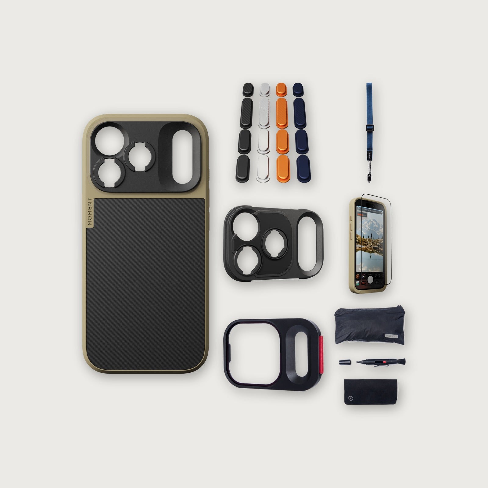 iPhone 18 Pro Case Essentials — Desert case, Apple 2025 Pack, Indigo wrist strap (Drop-in 310-384, AR glass 310-328, CineClear UV 310-404, Cleaning kit 150-102)