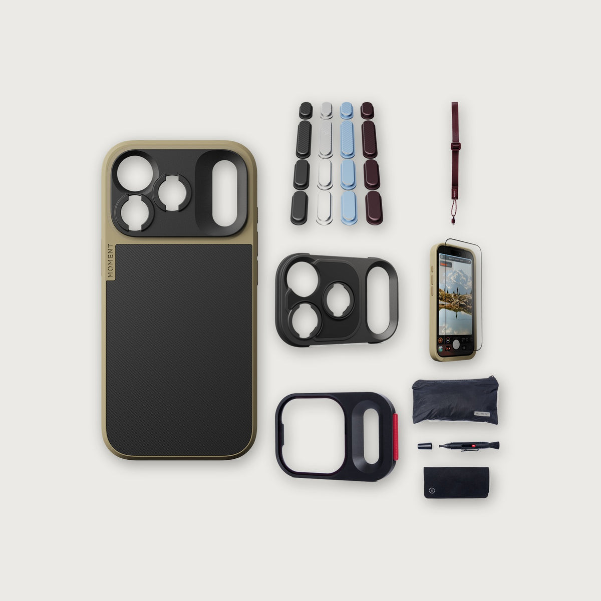 iPhone 18 Pro Case Essentials — Desert case, Apple 2026 Pack, Burgundy wrist strap (Drop-in 310-384, AR glass 310-328, CineClear UV 310-404, Cleaning kit 150-102)