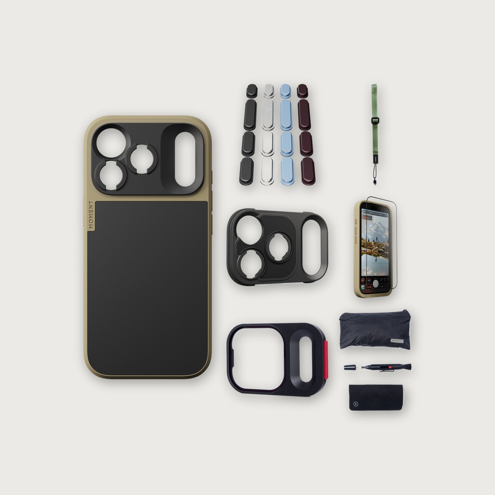 iPhone 18 Pro Case Essentials — Desert case, Apple 2026 Pack, Olive wrist strap (Drop-in 310-384, AR glass 310-328, CineClear UV 310-404, Cleaning kit 150-102)