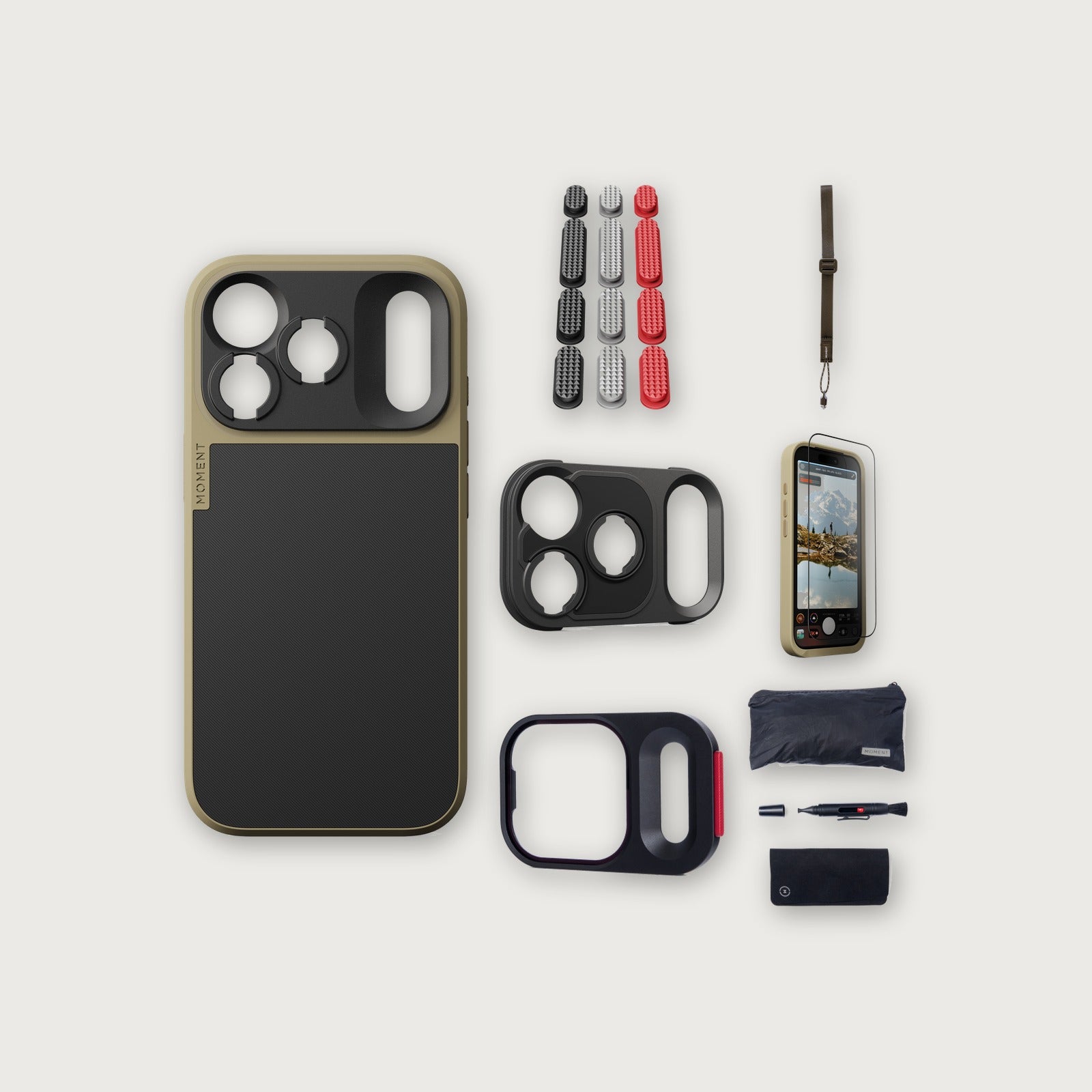 iPhone 18 Pro Case Essentials — Desert case, Metal Grip Pack, Desert wrist strap (Drop-in 310-384, AR glass 310-328, CineClear UV 310-404, Cleaning kit 150-102)