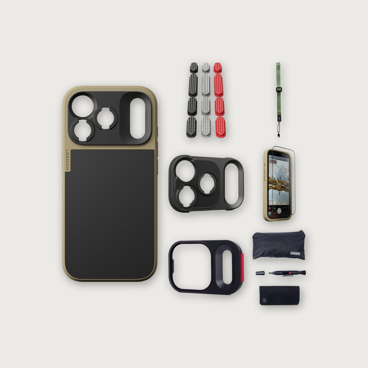 iPhone 18 Pro Case Essentials — Desert case, Metal Grip Pack, Olive wrist strap (Drop-in 310-384, AR glass 310-328, CineClear UV 310-404, Cleaning kit 150-102)