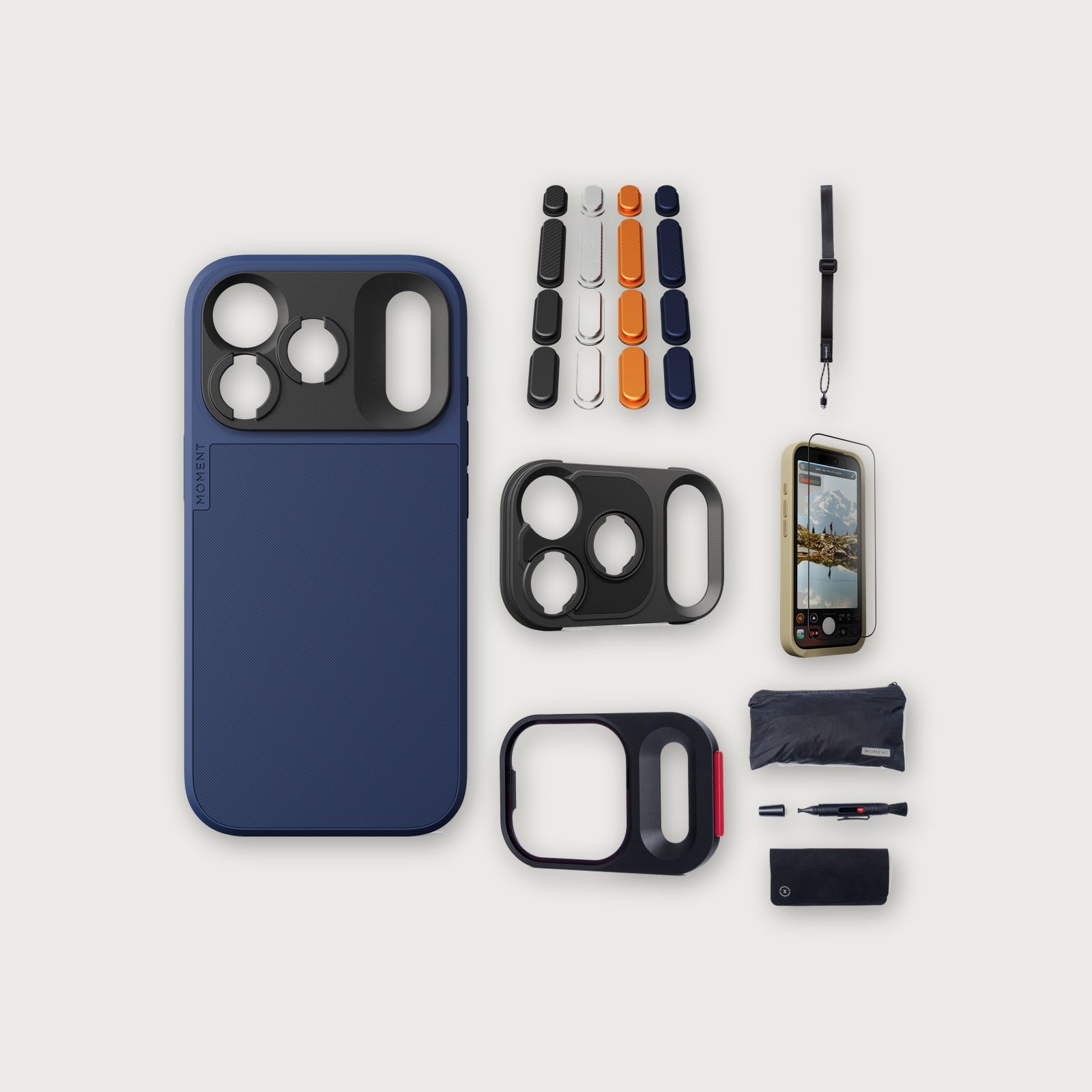 iPhone 18 Pro Case Essentials — Indigo case, Apple 2025 Pack, Black wrist strap (Drop-in 310-384, AR glass 310-328, CineClear UV 310-404, Cleaning kit 150-102)