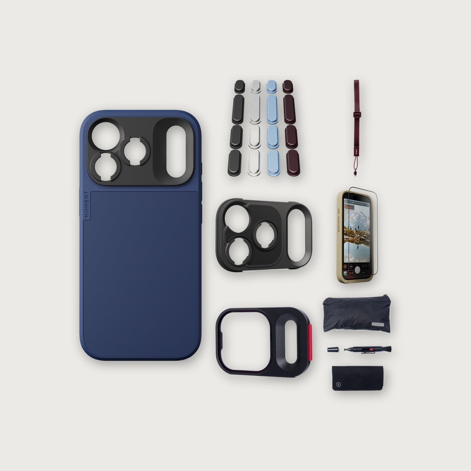 iPhone 18 Pro Case Essentials — Indigo case, Apple 2026 Pack, Burgundy wrist strap (Drop-in 310-384, AR glass 310-328, CineClear UV 310-404, Cleaning kit 150-102)