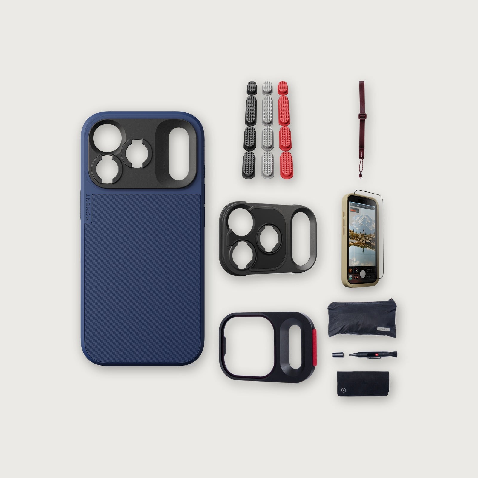 iPhone 18 Pro Case Essentials — Indigo case, Metal Grip Pack, Burgundy wrist strap (Drop-in 310-384, AR glass 310-328, CineClear UV 310-404, Cleaning kit 150-102)