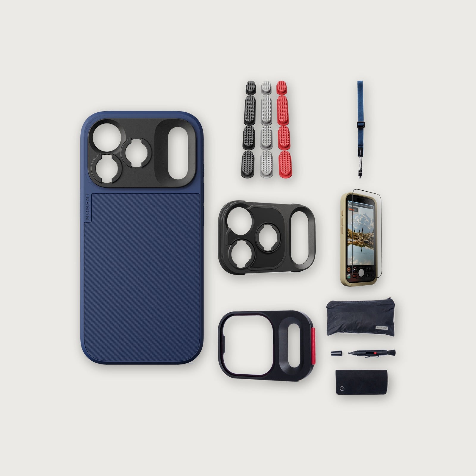 iPhone 18 Pro Case Essentials — Indigo case, Metal Grip Pack, Indigo wrist strap (Drop-in 310-384, AR glass 310-328, CineClear UV 310-404, Cleaning kit 150-102)