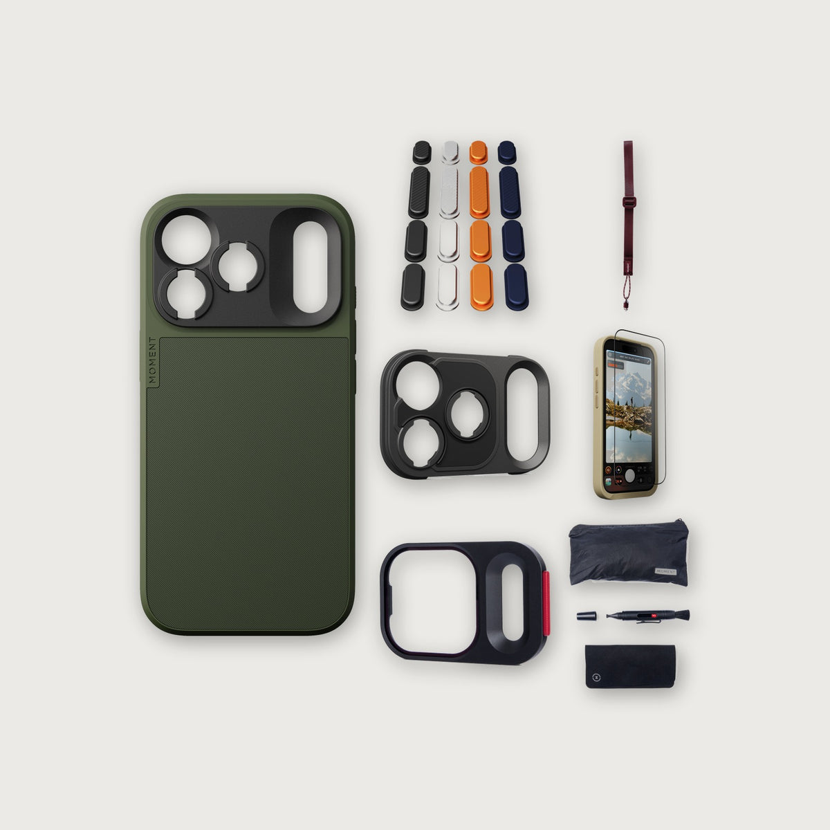 iPhone 18 Pro Case Essentials — Olive case, Apple 2025 Pack, Burgundy wrist strap (Drop-in 310-384, AR glass 310-328, CineClear UV 310-404, Cleaning kit 150-102)