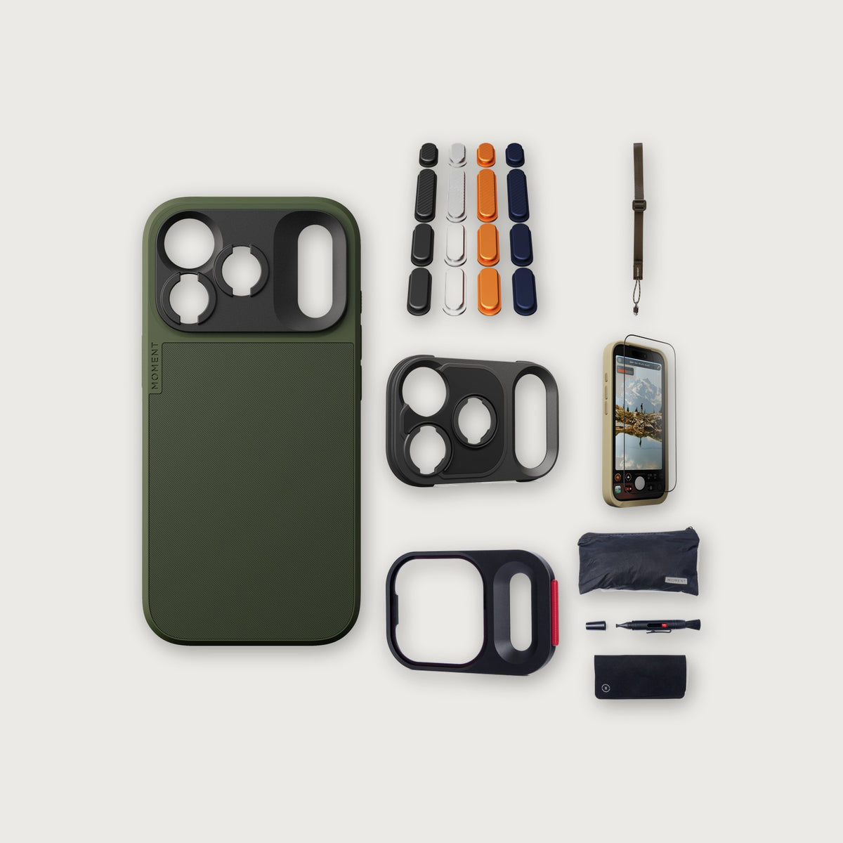 iPhone 18 Pro Case Essentials — Olive case, Apple 2025 Pack, Desert wrist strap (Drop-in 310-384, AR glass 310-328, CineClear UV 310-404, Cleaning kit 150-102)