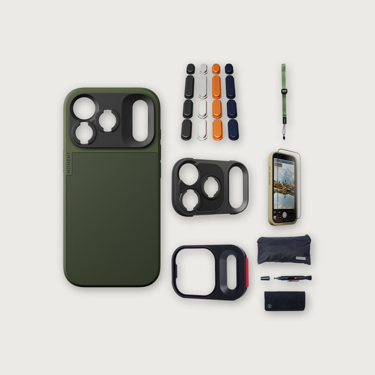 iPhone 18 Pro Case Essentials — Olive case, Apple 2025 Pack, Olive wrist strap (Drop-in 310-384, AR glass 310-328, CineClear UV 310-404, Cleaning kit 150-102)