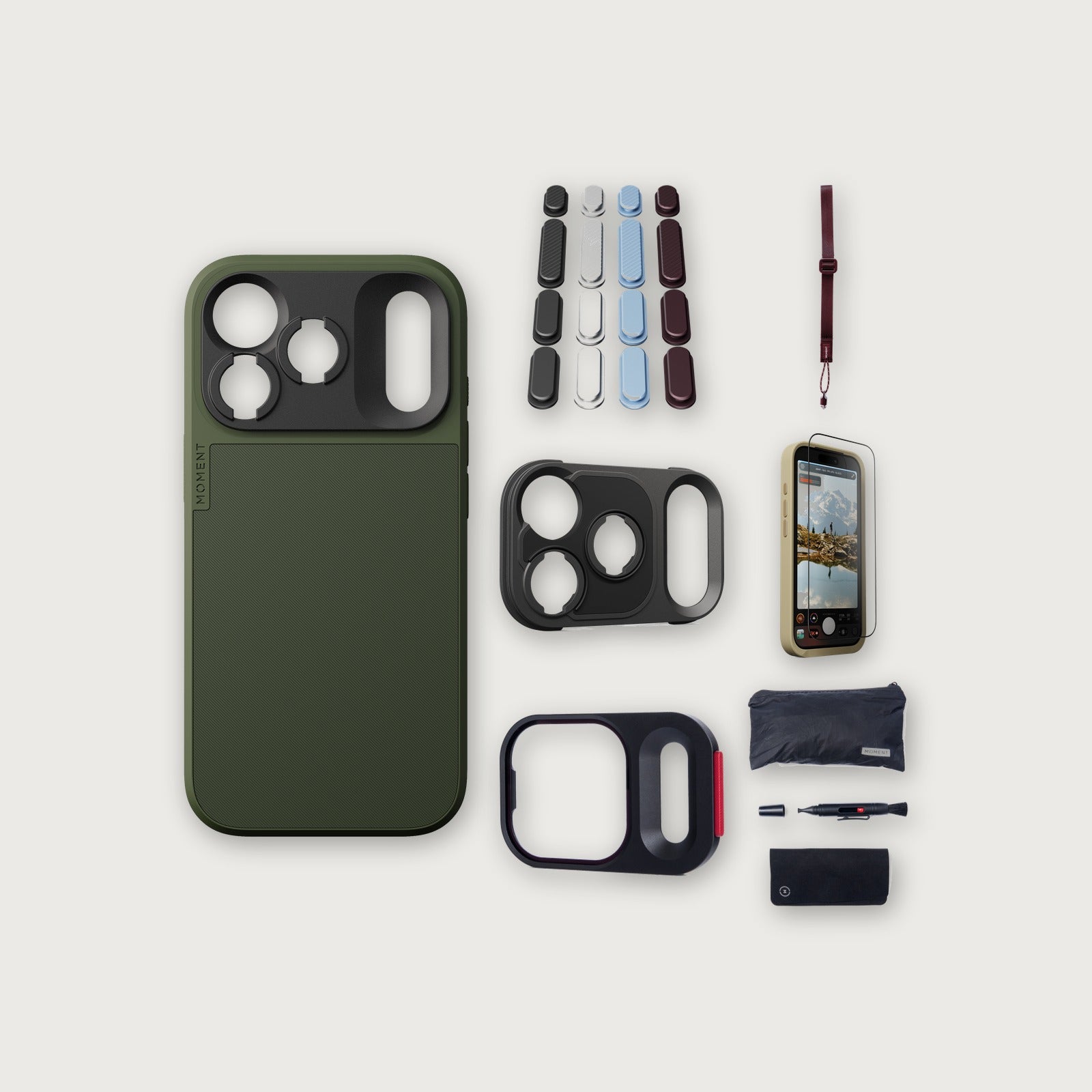 iPhone 18 Pro Case Essentials — Olive case, Apple 2026 Pack, Burgundy wrist strap (Drop-in 310-384, AR glass 310-328, CineClear UV 310-404, Cleaning kit 150-102)