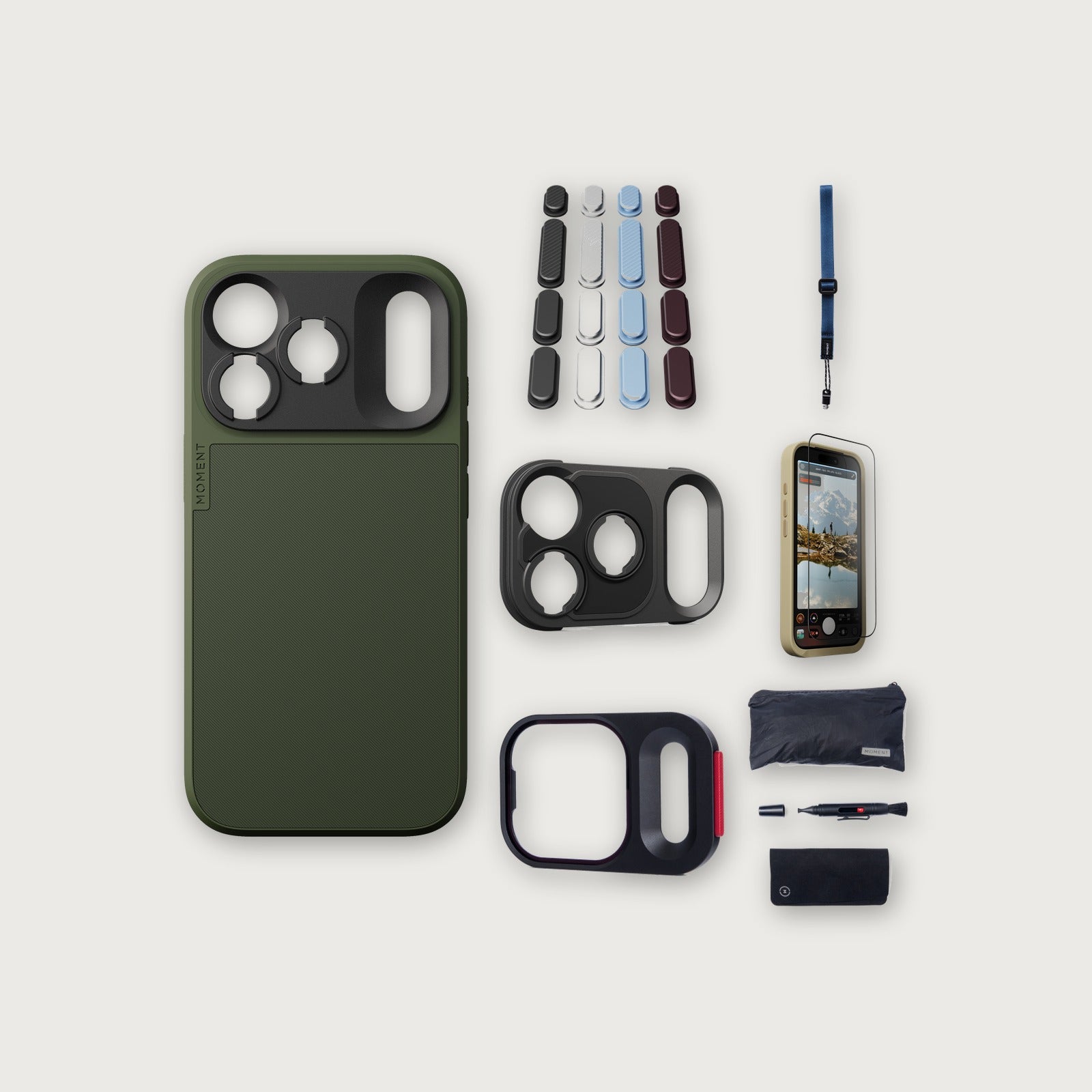 iPhone 18 Pro Case Essentials — Olive case, Apple 2026 Pack, Indigo wrist strap (Drop-in 310-384, AR glass 310-328, CineClear UV 310-404, Cleaning kit 150-102)