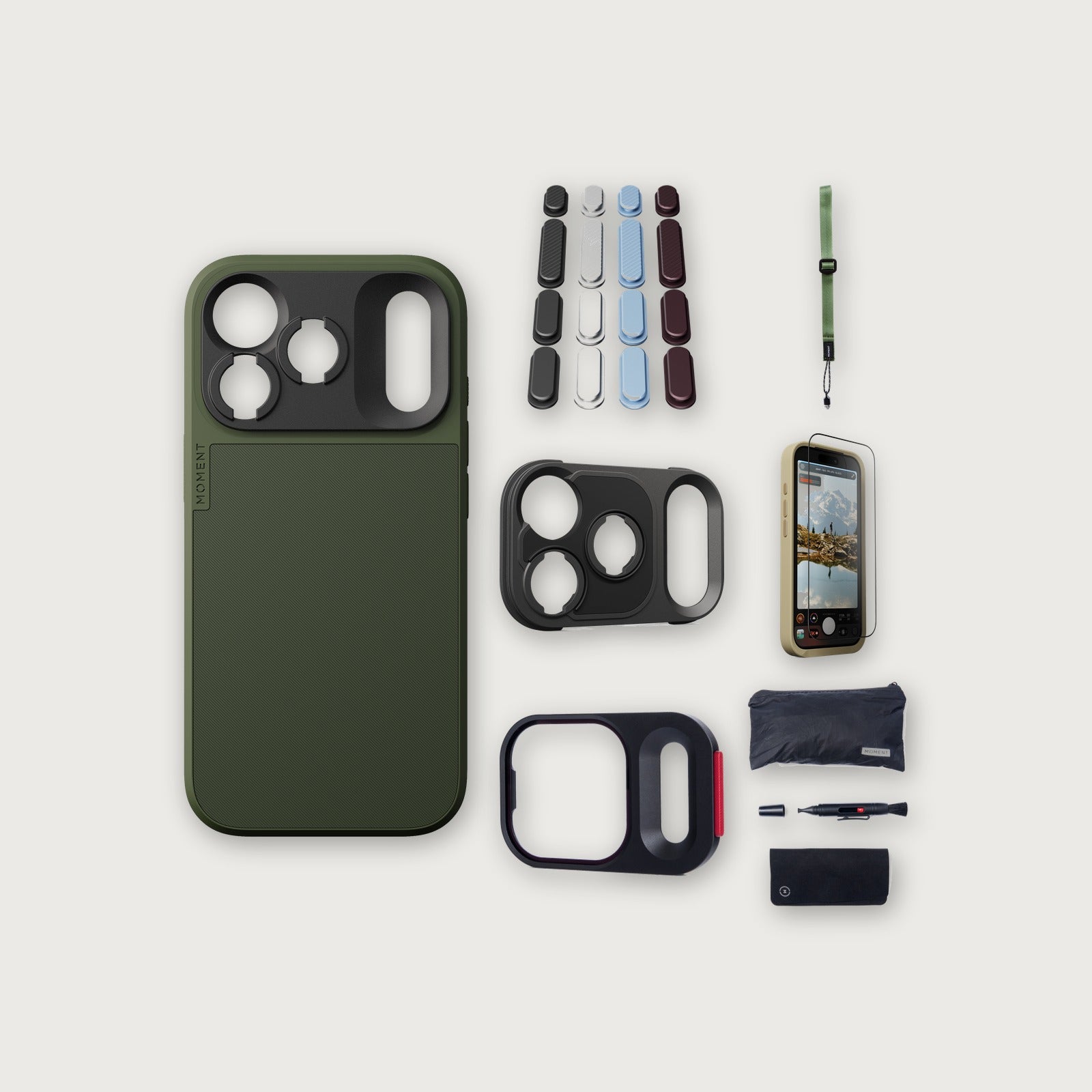 iPhone 18 Pro Case Essentials — Olive case, Apple 2026 Pack, Olive wrist strap (Drop-in 310-384, AR glass 310-328, CineClear UV 310-404, Cleaning kit 150-102)