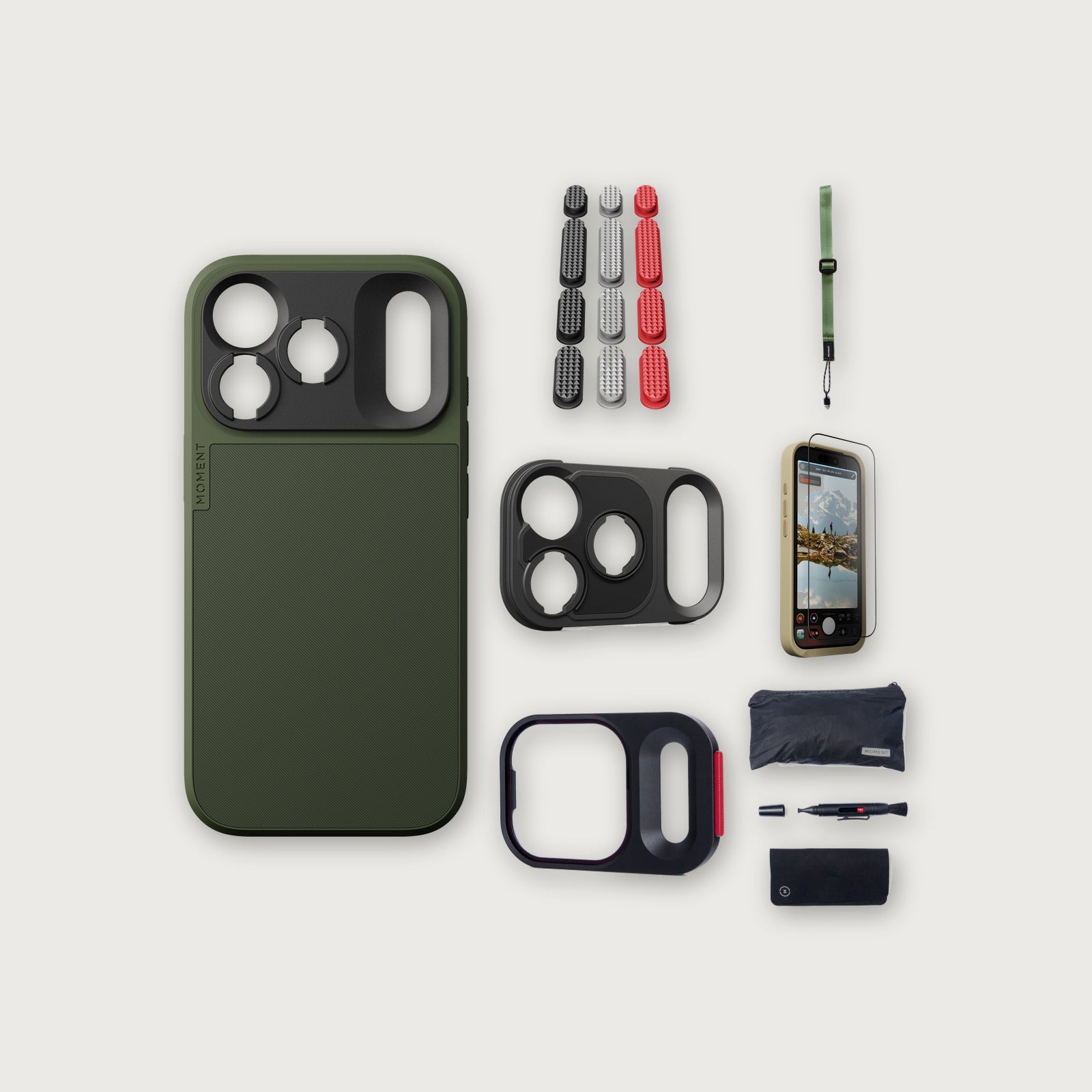 iPhone 18 Pro Case Essentials — Olive case, Metal Grip Pack, Olive wrist strap (Drop-in 310-384, AR glass 310-328, CineClear UV 310-404, Cleaning kit 150-102)