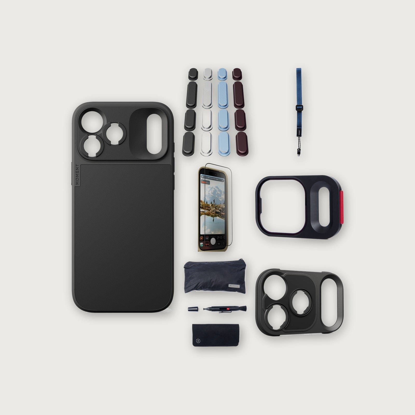 iPhone 18 Pro Max Case Essentials — Black case, A2026 buttons, Indigo strap