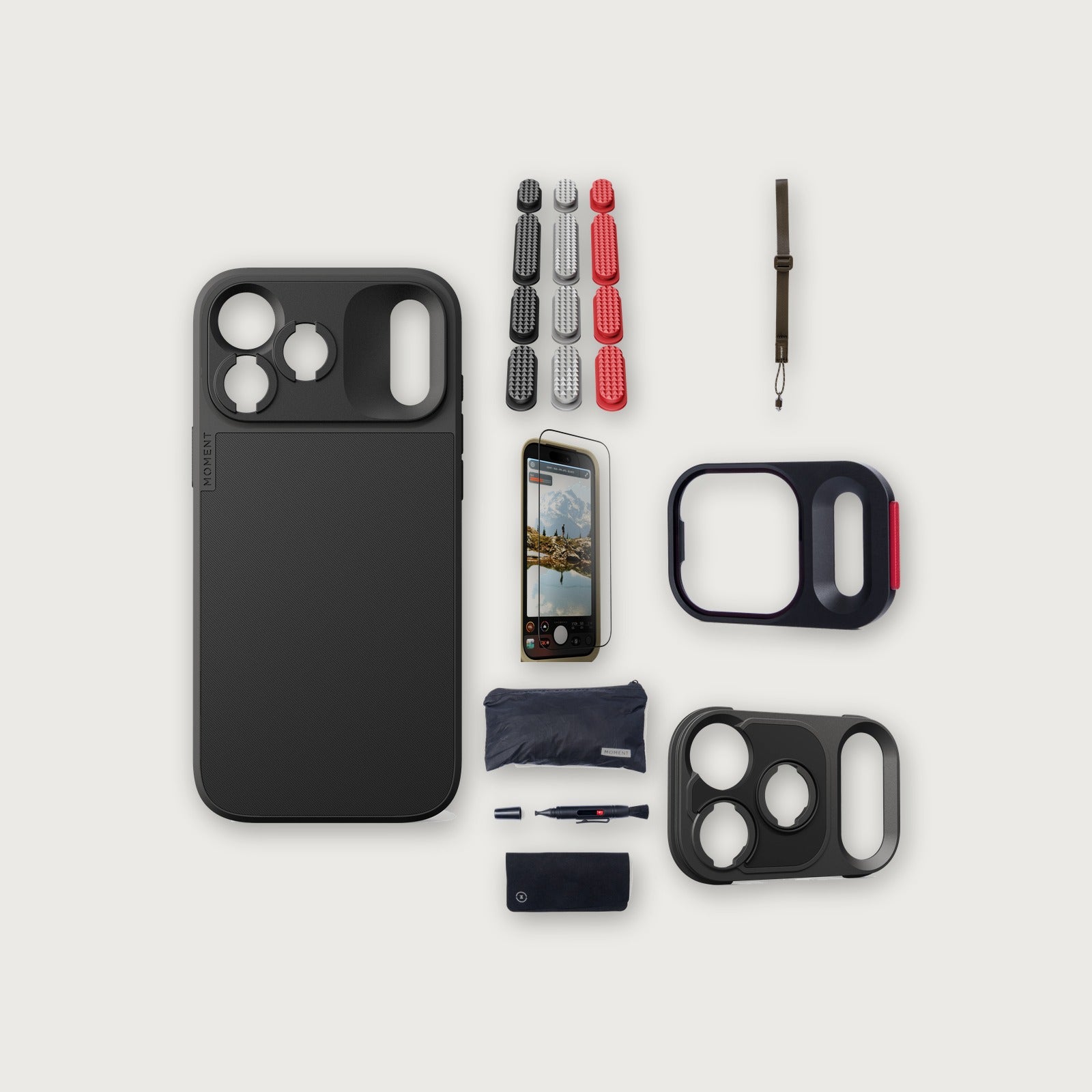 iPhone 18 Pro Max Case Essentials — Black case, Metal buttons, Desert strap