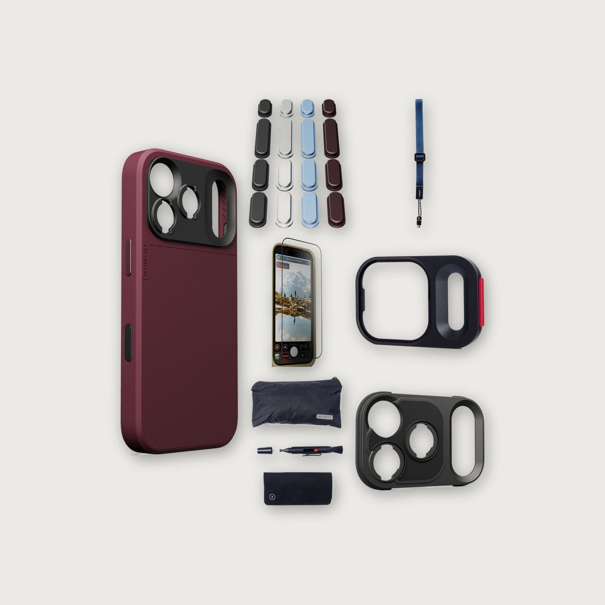 iPhone 18 Pro Max Case Essentials — Burgundy case, A2026 buttons, Indigo strap