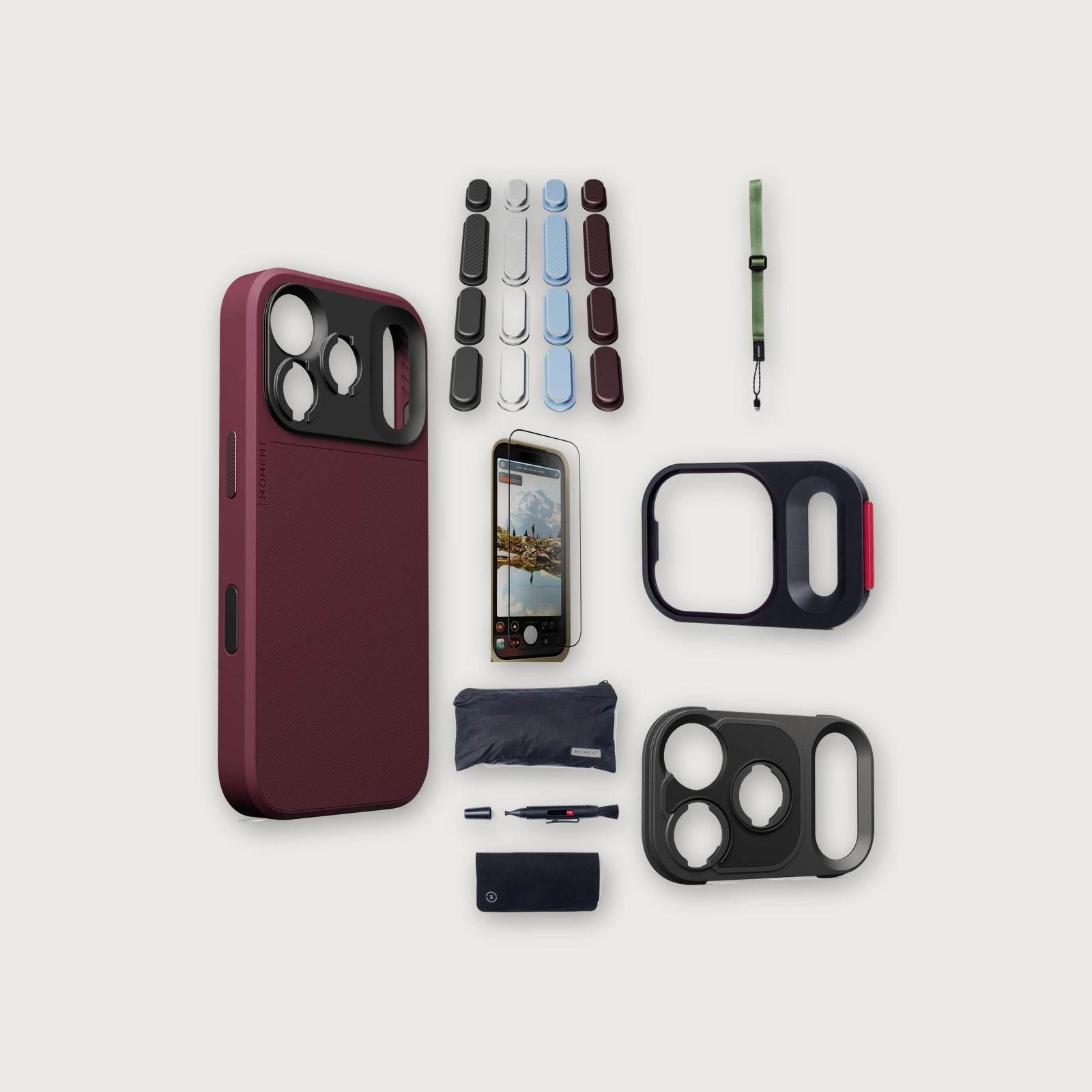 iPhone 18 Pro Max Case Essentials — Burgundy case, A2026 buttons, Olive strap