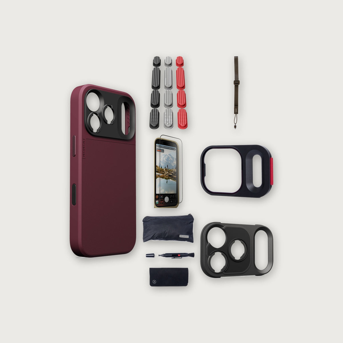 iPhone 18 Pro Max Case Essentials — Burgundy case, Metal buttons, Desert strap